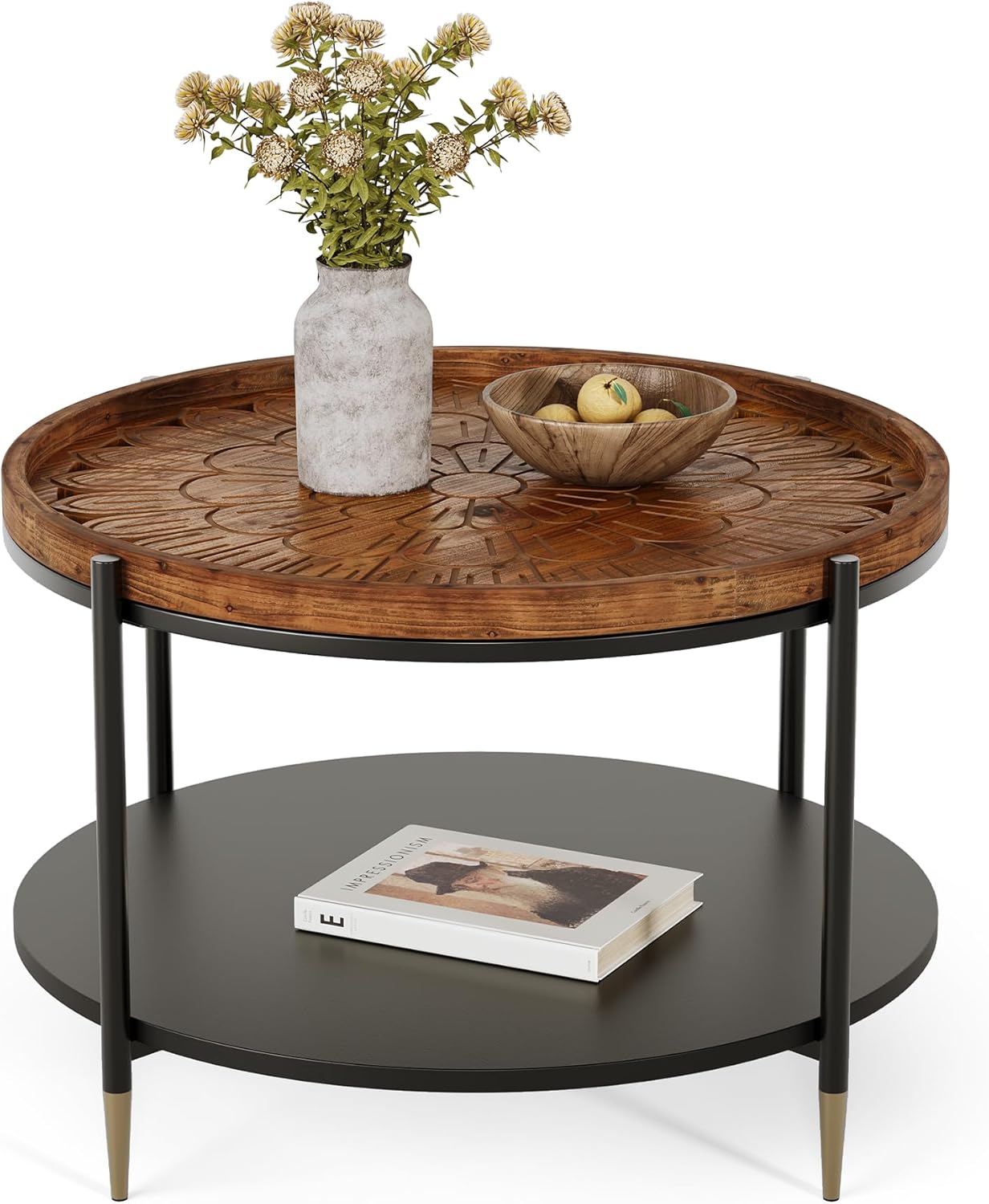 Solid Wood Round Coffee Table, 31.5-Inch Boho Center Tea Table with Metal Storage Frame & Carved Floral Pattern, Living Room Coffee Table Furniture for Small Spaces, Apartment, Rustic Brown