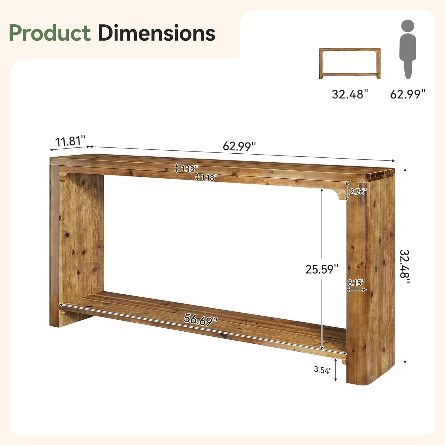 2-Tier Wooden Sofa Table, 63" Behind the Couch Table, Farmhouse Console Table, Solid Wood Entryway Table with Storage for Living Room, Entrance, Foyer, Hallway (Rustic Brown)