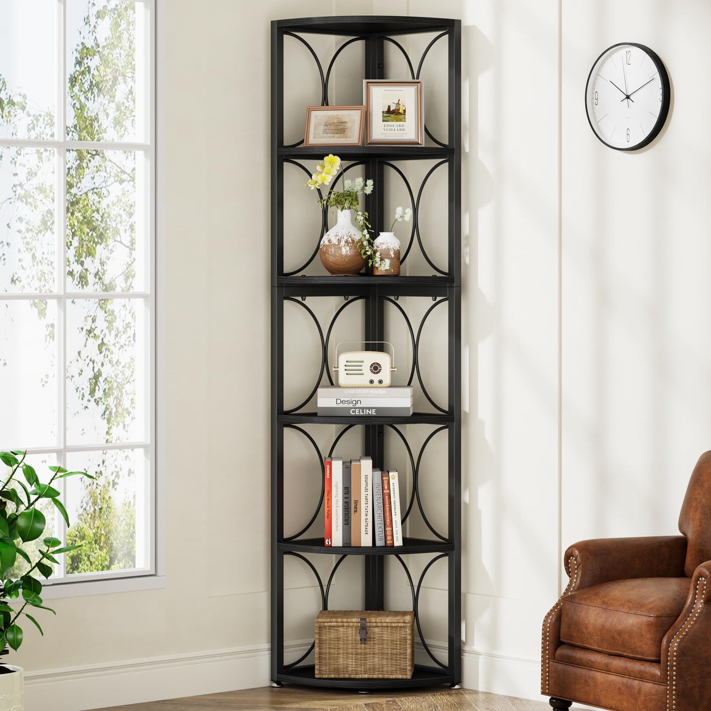 Tribesigns 67 inch Tall Corner Shelf, 6 Tier Rustic Corner Bookshelf Bookcase Storage Rack Standing Shelving Unit for Living Room, Small Space