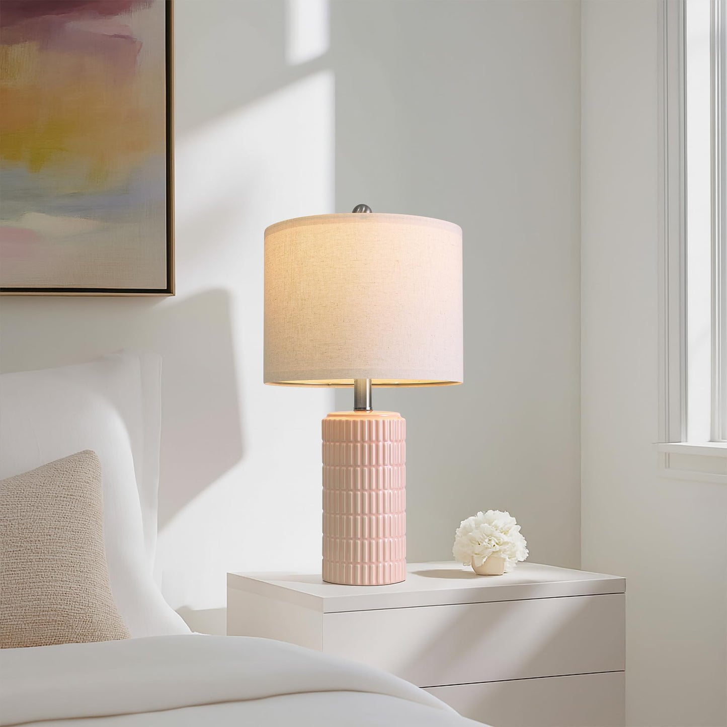 PoKat 20.75" Small Modern Ceramic Table Lamps Set of 2 for Bedroom, White Bedside Lamps for Night Stands, Farmhouse Desk Decor Gift Nightstand Table Lamps for Living Room End Table Beige