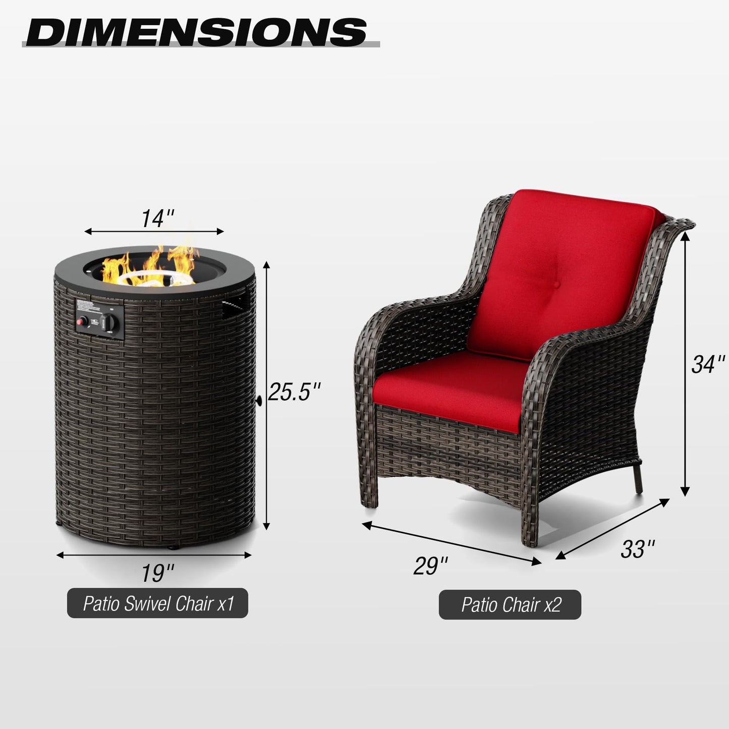 Joyside Patio Furniture Set with Fire Pit Table, 3 Piece Outdoor Wicker Conversation Sets with High Back, Thickened Cushions, Rattan Sectional for Porch, Lawn Use (Red)
