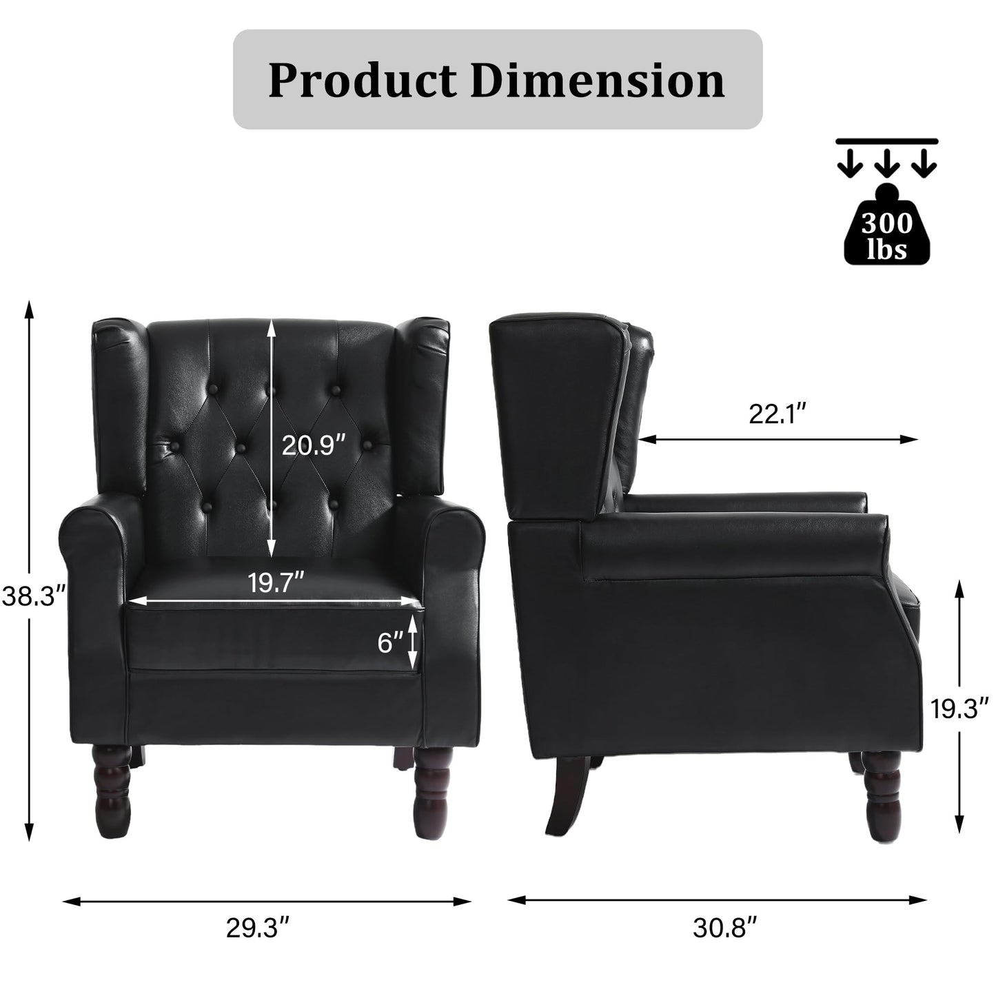 Faux Leather Wingback Chairs Set of 2, High Back Accent Chair for Living Room, Button-Tufted Upholstered Armchair with Solid Wood Legs, Comfy Reading Chair for Bedroom, Brown
