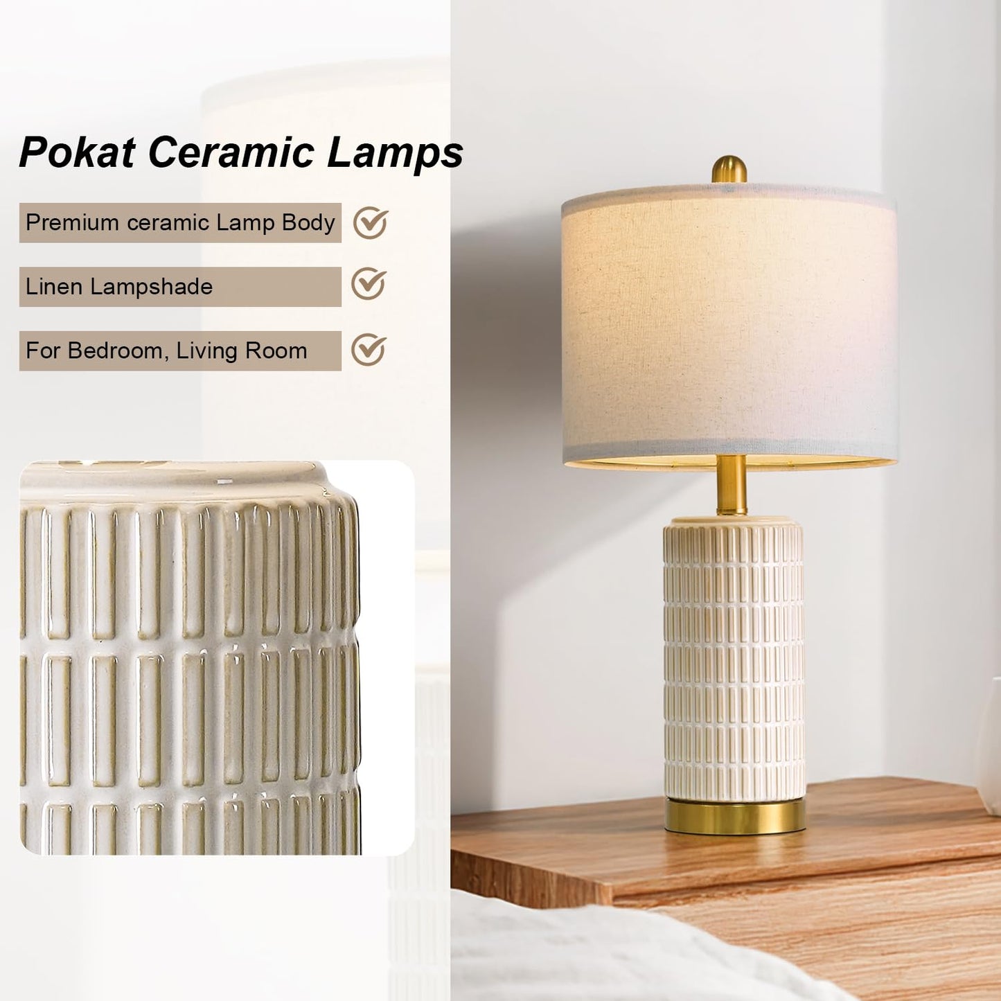 PoKat 20.75" Small Modern Ceramic Table Lamps Set of 2 for Bedroom, White Bedside Lamps for Night Stands, Farmhouse Desk Decor Gift Nightstand Table Lamps for Living Room End Table Beige