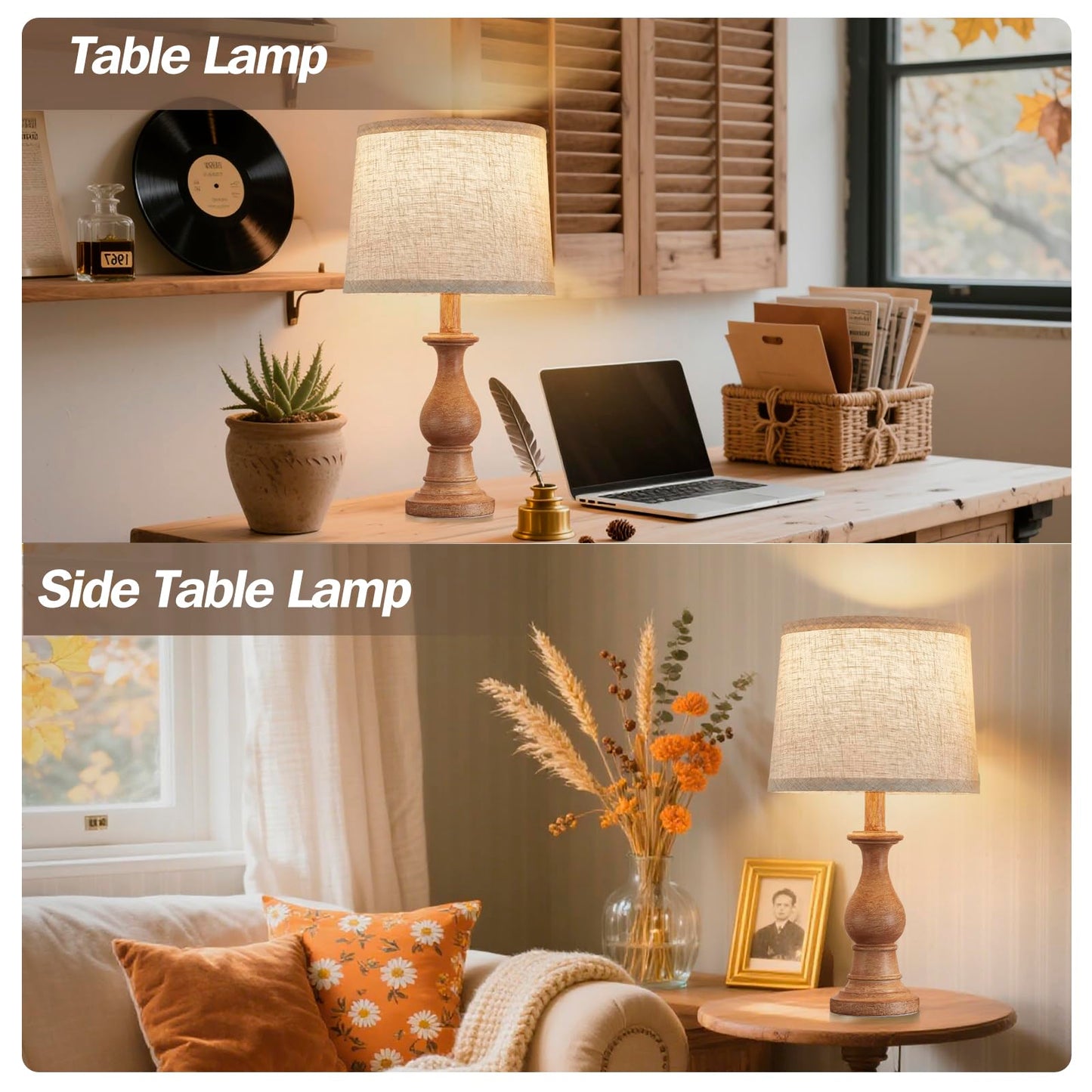Vintage Table Lamp for Living Room Bedroom, 18.5" Farmhouse Bedside Lamps Nightstand Lamp Set of 2, Table Lamps with Oatmeal Linen Lamp Shades, 2 LED Bulbs Included