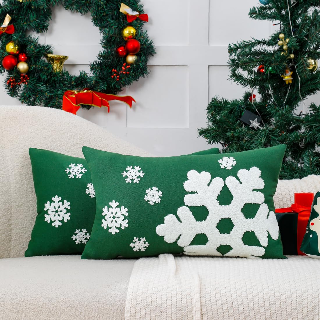 VAKADO Christmas Throw Pillow Covers 18x18 Set of 2 Embroidered Snowflake Decorative Xmas Cushion Cases Holiday Soft Home Decor for Bedroom Sofa Chair Porch Winter, Blue