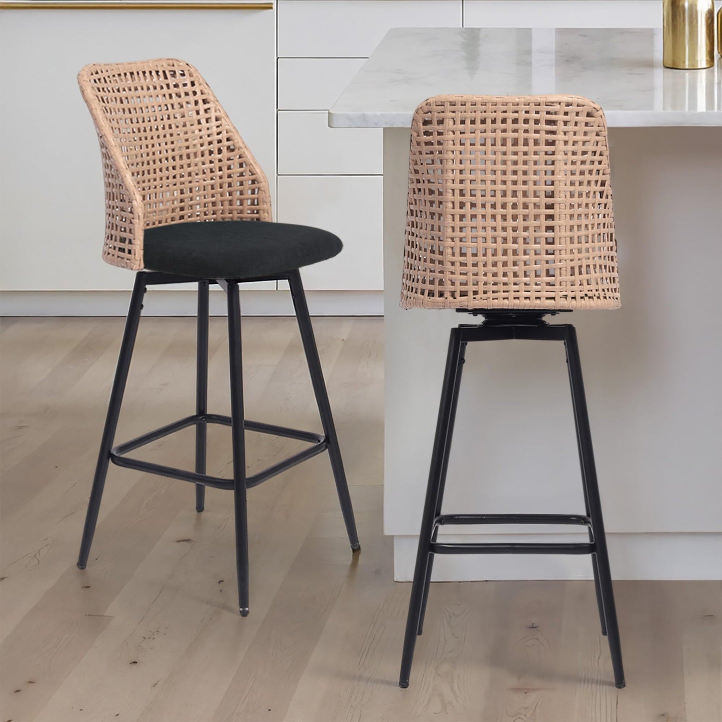28.7" Swivel Bar Stools Set of 2, Mid Century Modern Counter Height Barstools with Rattan Backrest, Upholstered Chenille Armless Bar Chair Island Stools for Kitchen Island, Bar, Beige