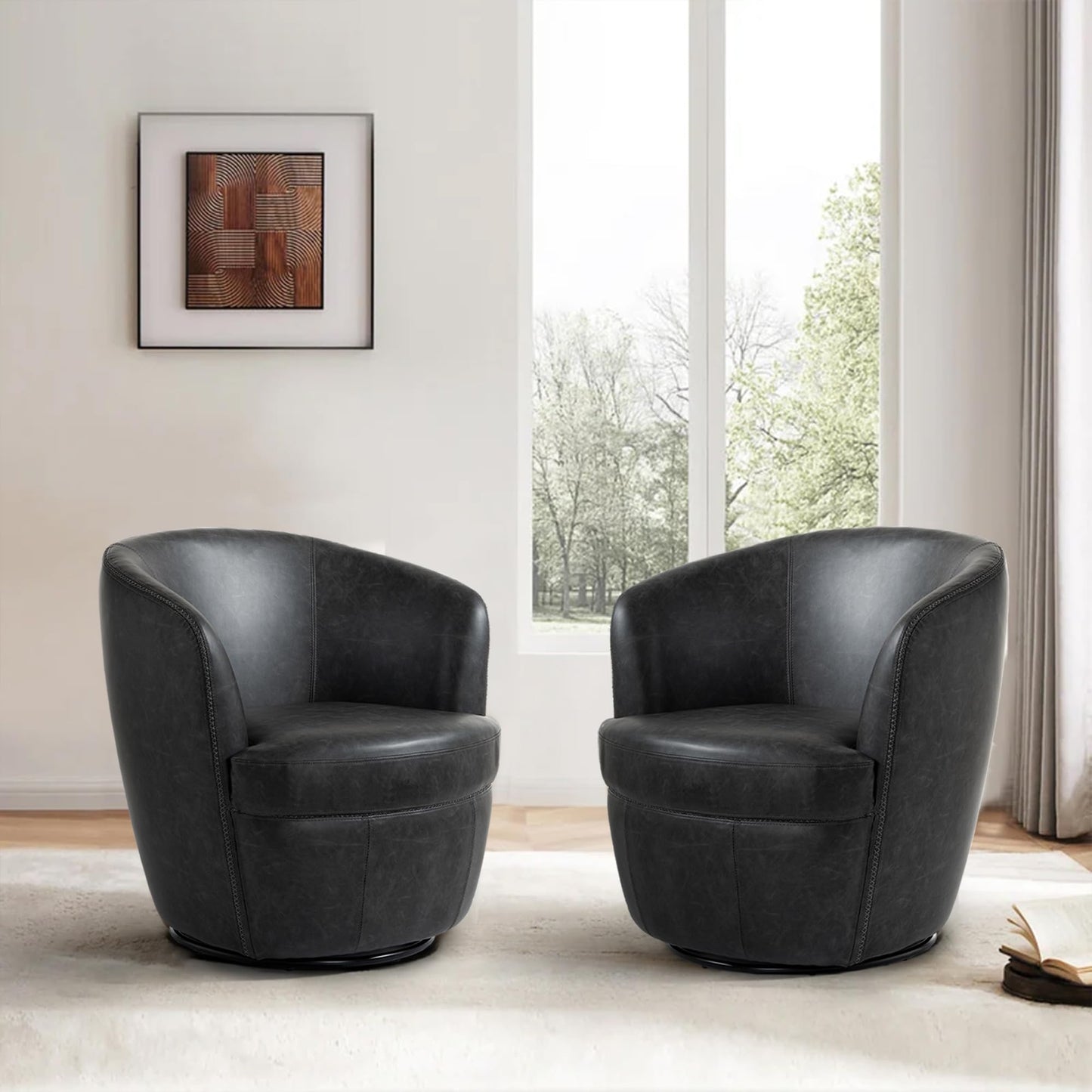 360° Swivel Barrel Accent Chair, Faux Leather Round Swivel Chair for Living Room, Comfy Upholstered Armchair Single Sofa Club Chair for Bedroom Reading Room, No Assembly Required - Light Brown
