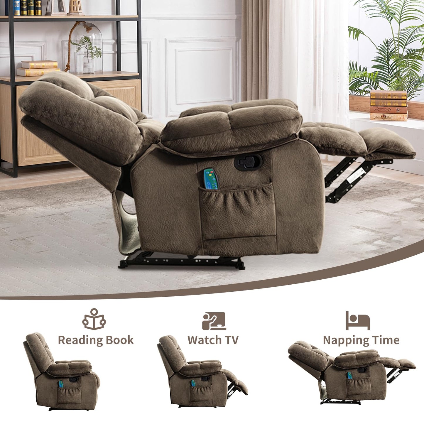 IOMOR Massage Recliner Chair with Heat and Massage, Ergonomic Overstuffed Breathable Fabric Reclining Chairs, Single Sofa Chair with Side Pockets for Living Room Home Theater (Dark Gray)