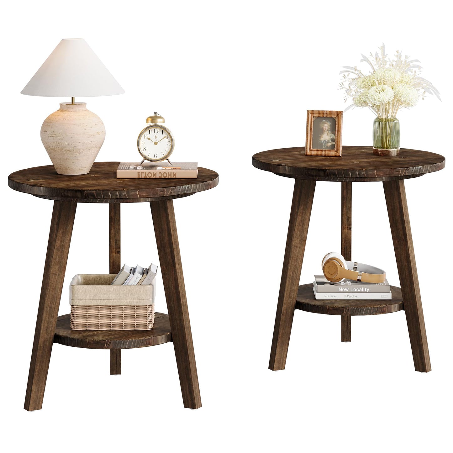 Solid Wood Round End Table, Sofa Side Table with Storage Shelf, Farmhouse Nightstand for Living Room, Bedroom, Easy Assembly (Dark Brown, 1 PC)