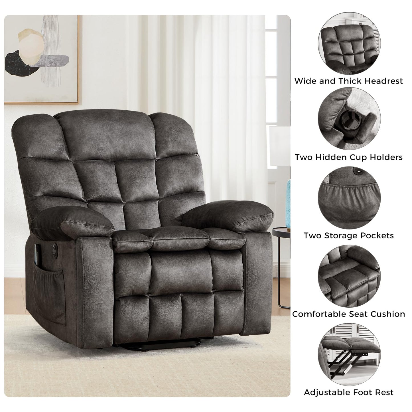 IOMOR Large Power Lift Recliner with Massage and Heat for Elderly, Heavy Duty & Safety Motion Reclining Mechanism, Ergonomic Electric Wider Chair with USB Port, 2 Hidden Cup Holders (1, Brown)