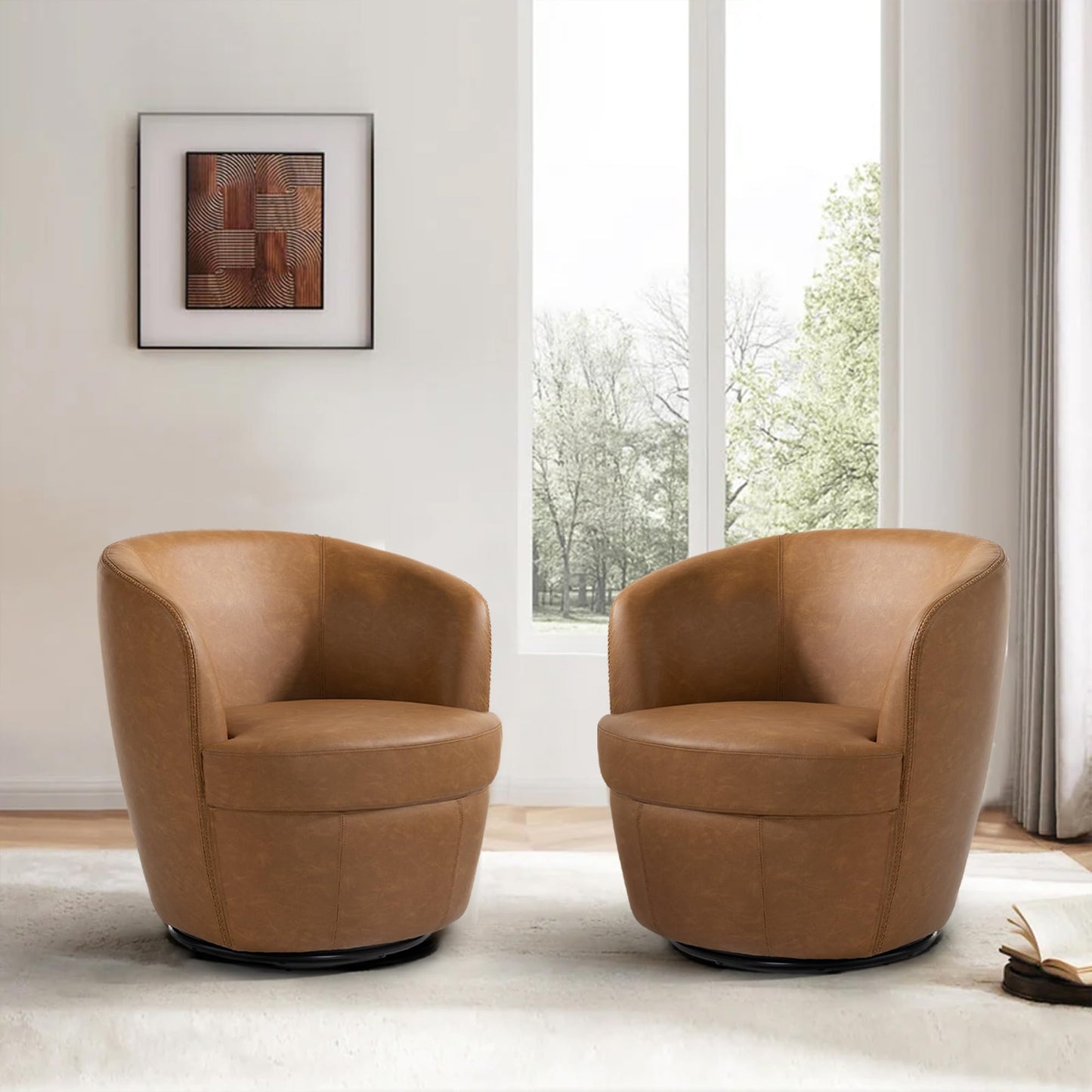 360° Swivel Barrel Accent Chair, Faux Leather Round Swivel Chair for Living Room, Comfy Upholstered Armchair Single Sofa Club Chair for Bedroom Reading Room, No Assembly Required - Light Brown