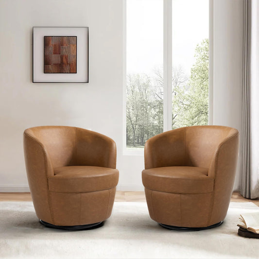360° Swivel Barrel Accent Chair, Faux Leather Round Swivel Chair for Living Room, Comfy Upholstered Armchair Single Sofa Club Chair for Bedroom Reading Room, No Assembly Required - Light Brown