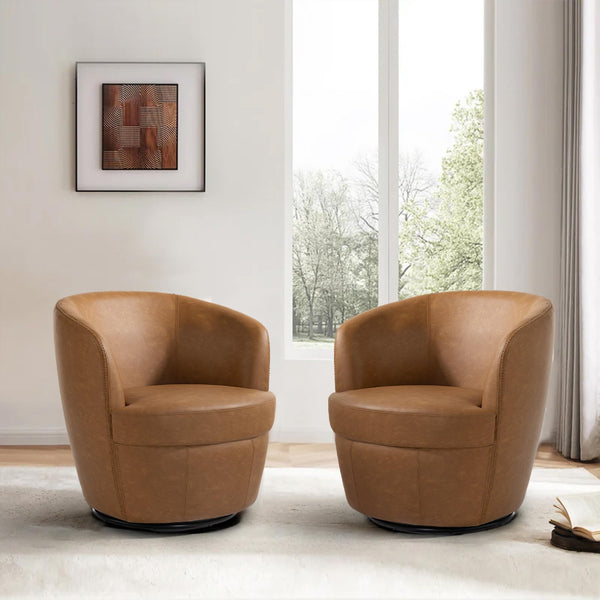 360° Swivel Barrel Accent Chair, Faux Leather Round Swivel Chair for Living Room, Comfy Upholstered Armchair Single Sofa Club Chair for Bedroom Reading Room, No Assembly Required - Light Brown