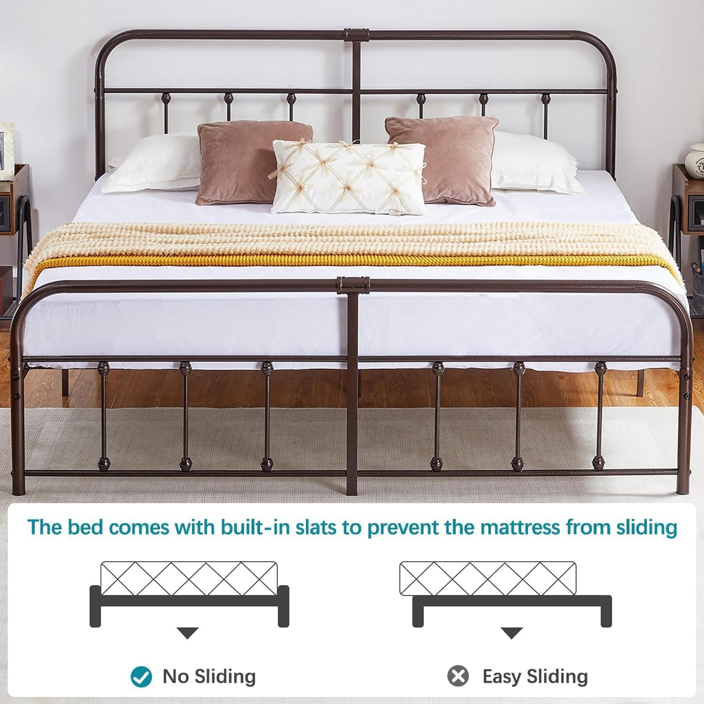 VECELO King Size Victorian Style Metal Bed Frame with Headboard/Mattress Foundation/No Box Spring Needed/Under Bed Storage and Strong Slat Support Purple Bronze