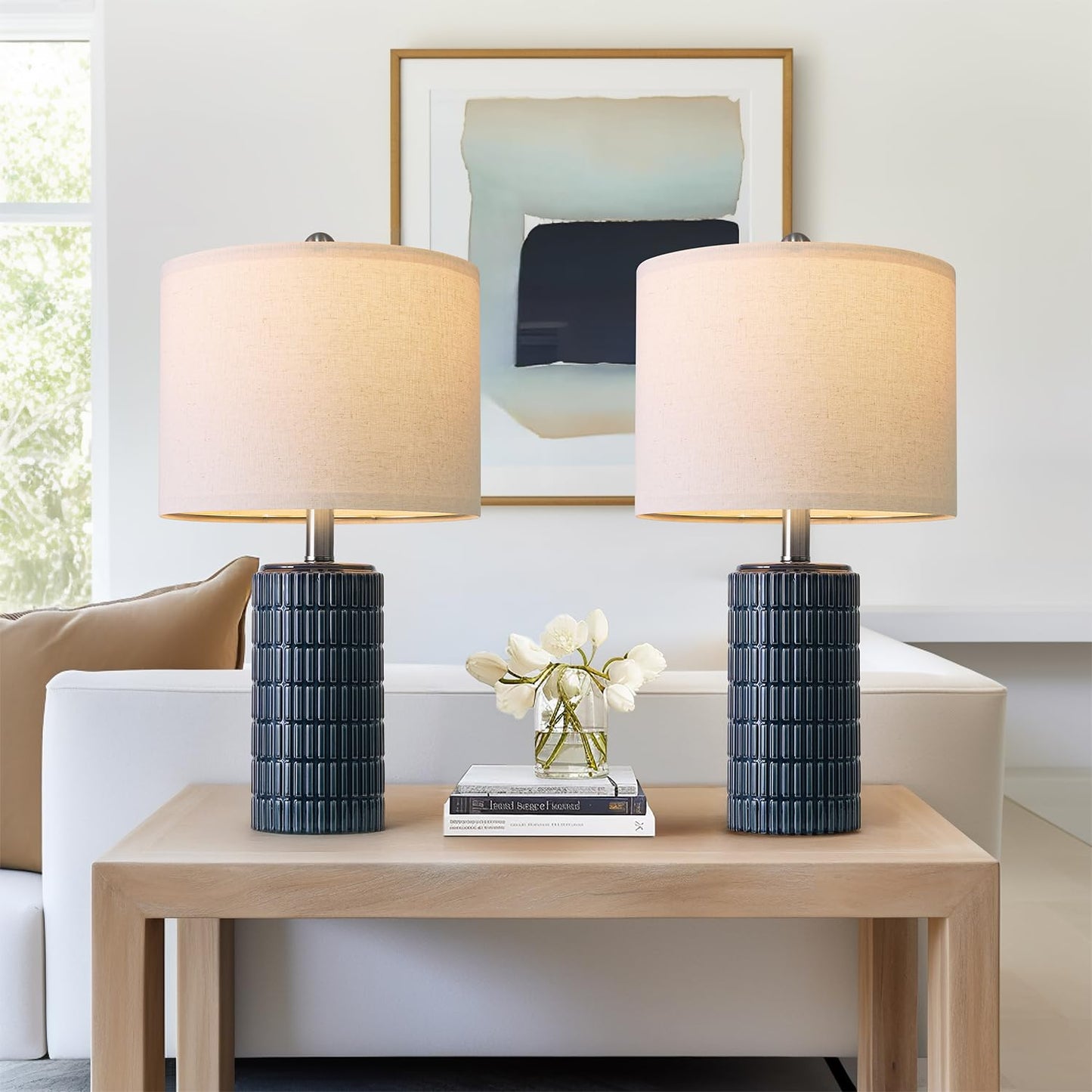 PoKat 20.75" Small Modern Ceramic Table Lamps Set of 2 for Bedroom, White Bedside Lamps for Night Stands, Farmhouse Desk Decor Gift Nightstand Table Lamps for Living Room End Table Beige