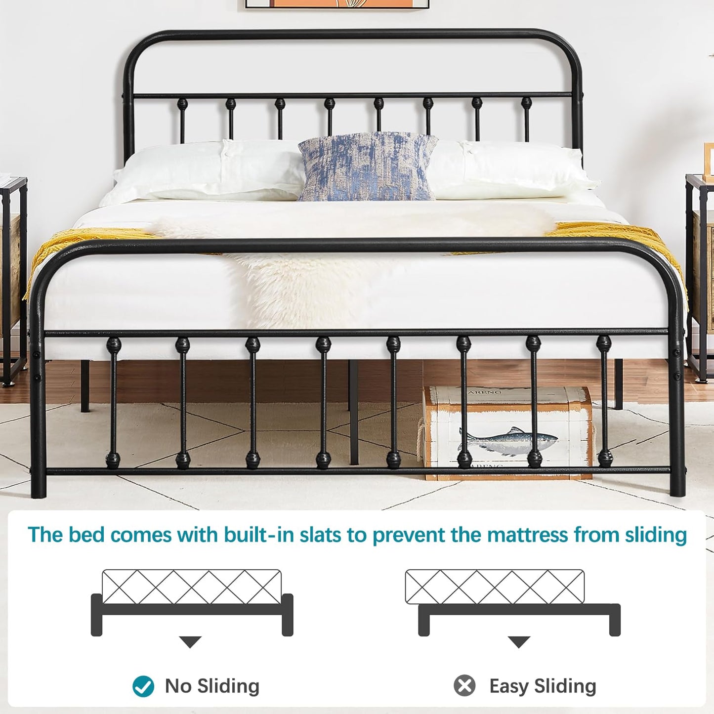 VECELO King Size Victorian Style Metal Bed Frame with Headboard/Mattress Foundation/No Box Spring Needed/Under Bed Storage and Strong Slat Support Purple Bronze