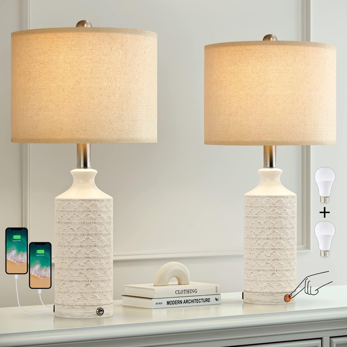 PoKat 24" Modern Contemporary Ceramic Lamp Set of 2 for Living Room White Desk Decor Lamps for Bedroom Farmhouse Bedside Nightstand End Table Lamps, White and Grey