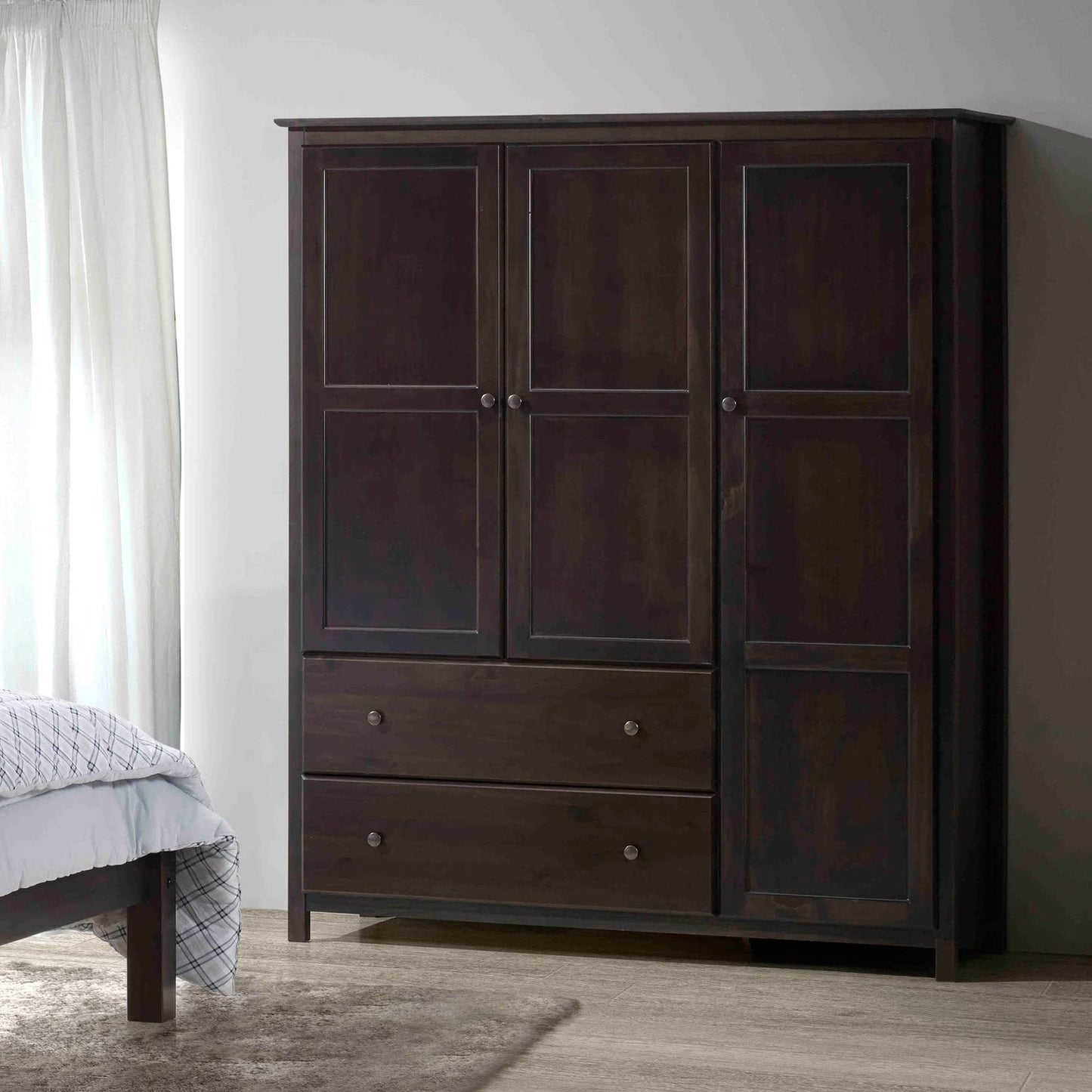 Grain Wood Furniture Shaker 3-Door Wardrobe, Solid Wood with Expresso Finish