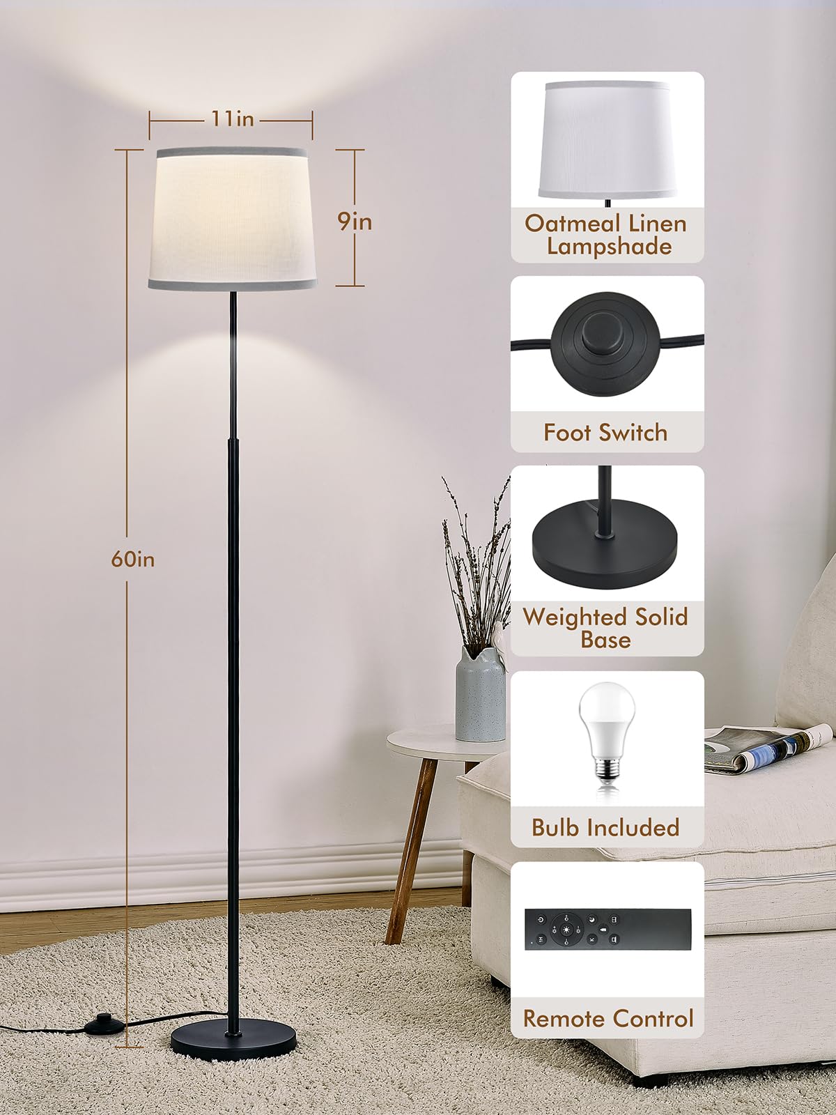 60" Modern Floor Lamp for Living Room Bedroom, Standing Lamp with Oatmeal Linen Lampshade, Tall Lamp with A19 9W 3 Color Temperature Bulb, Foot Switch Control, Black