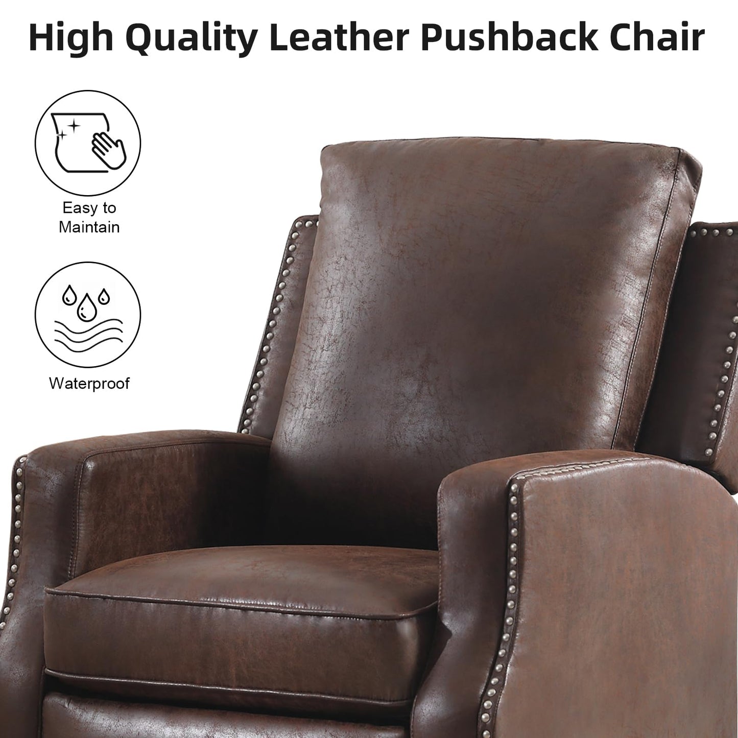 IOMOR Push Back Recliner Chair Faux Leather Lounge Armchair with Rivet Decoration Wingback Single Sofa Chair with Padded Seat Solid Wood Legs for Living Room, Comfy Upholstered, Red Brown