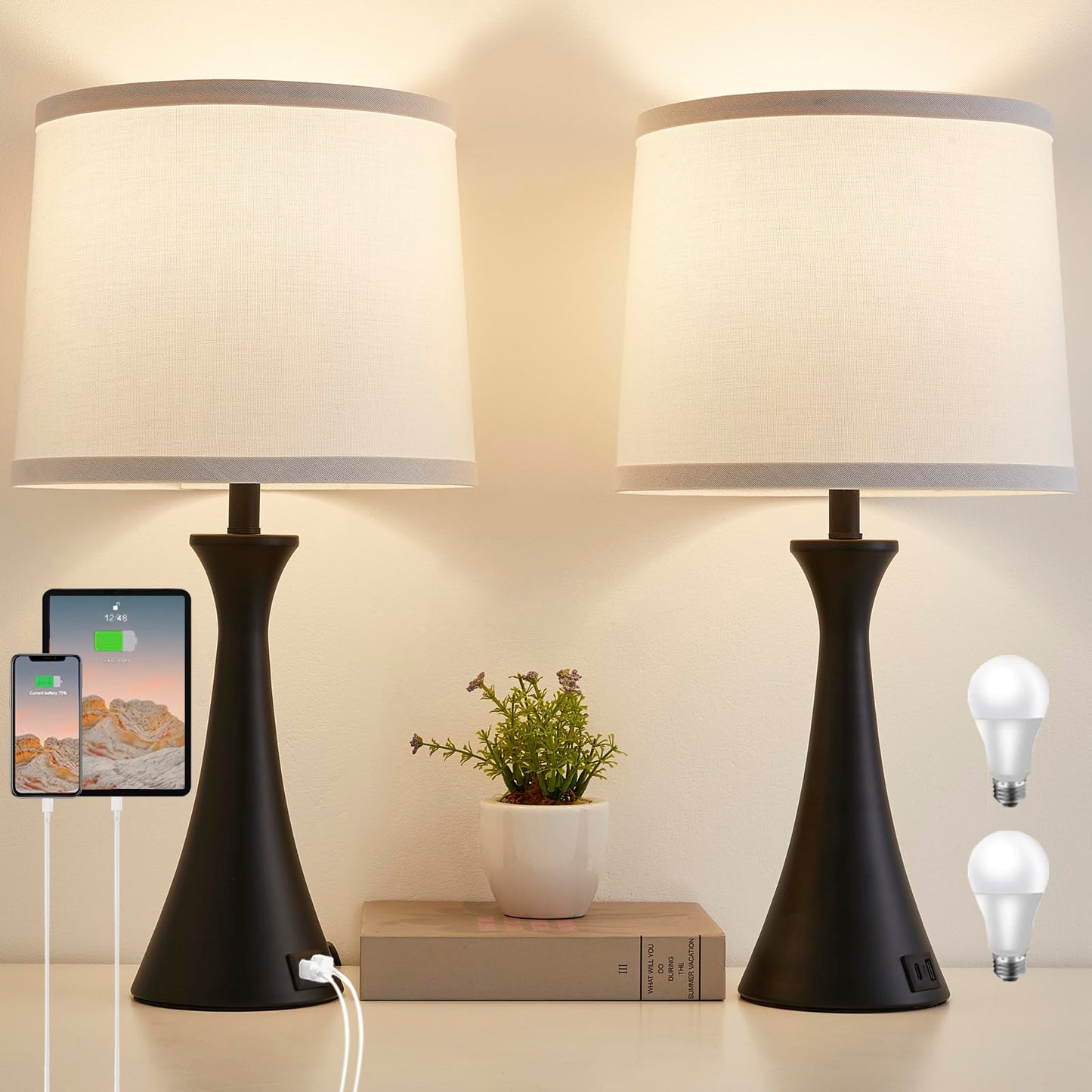 Touch Lamp for Living Room Bedroom, 21" Table Lamps Set of 2 with USB C+A Ports, Touch Bedside Lamps for Nightstand with 3 Way Dimmable, 2 LED Bulbs Included, Black