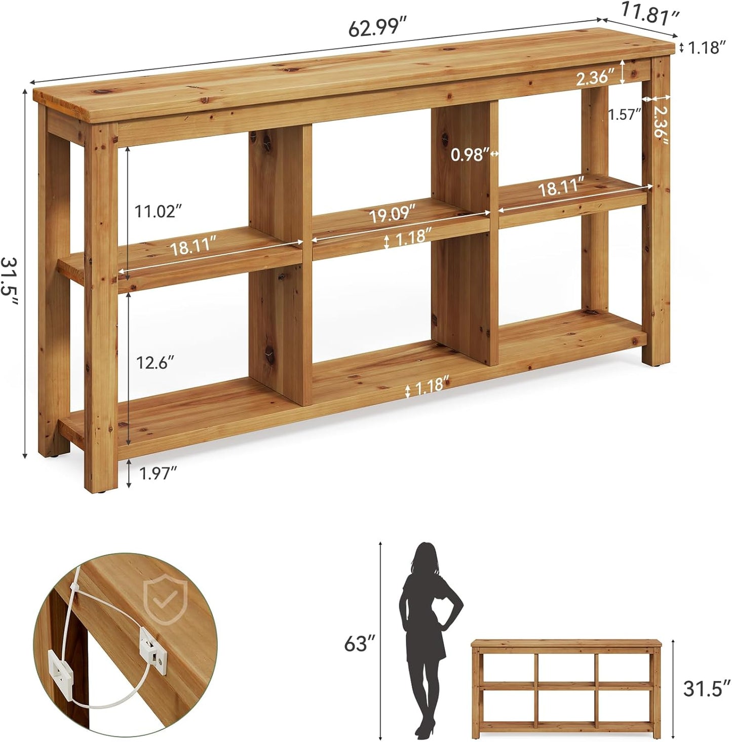 63-Inch Solid Wood Console Table for Entryway, 3-Tier Long Farmhouse Sofa Table with 6 Storage Cubes for Living Room, Hallway, Brown