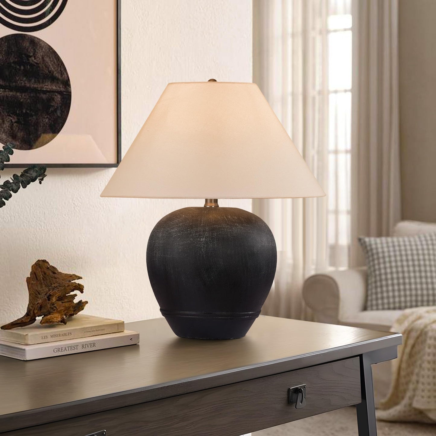 Farmhouse Ceramic Table Lamp, 21" Rustic Table Lamp with Linen Shade, 3-Way Dimmable Bedside Nightstand Lamps for Bedroom, Living Room, E26 Socket, Dark Grey