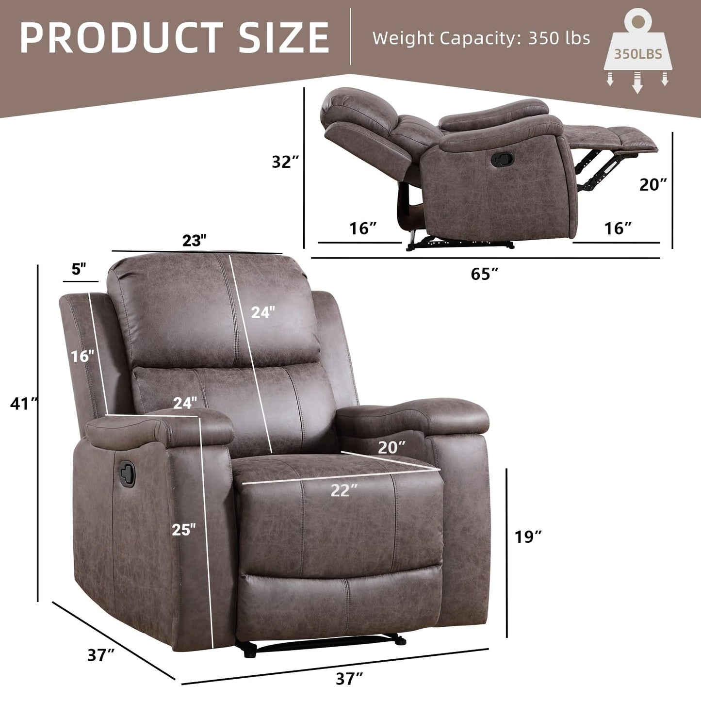 IOMOR Leather Recliner Chair, Manual Recliner Chair for Adults with Overstuffed Arms and Back, Single Sofa Recliner with Cup Holders for Living Room (1, Brown)