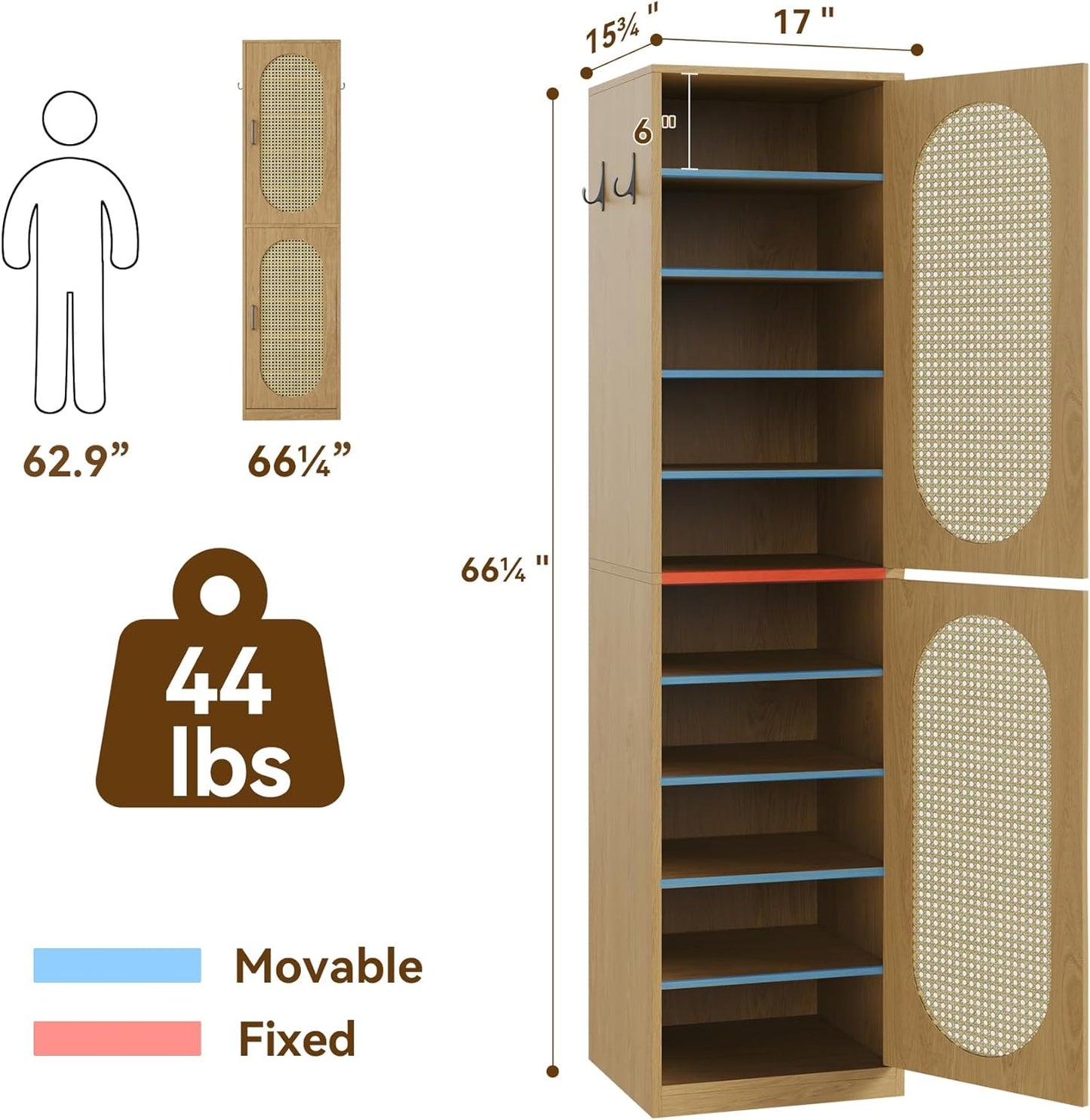 Epecoya Tall Bathroom Storage Cabinet with Rattan Doors for Toilet, 66-Inch Narrow Bath Room Organizer Space-Saving Floor Cabinets with Adjustable Shelves and 4 Hooks for Restroom, Small Spaces, Brown