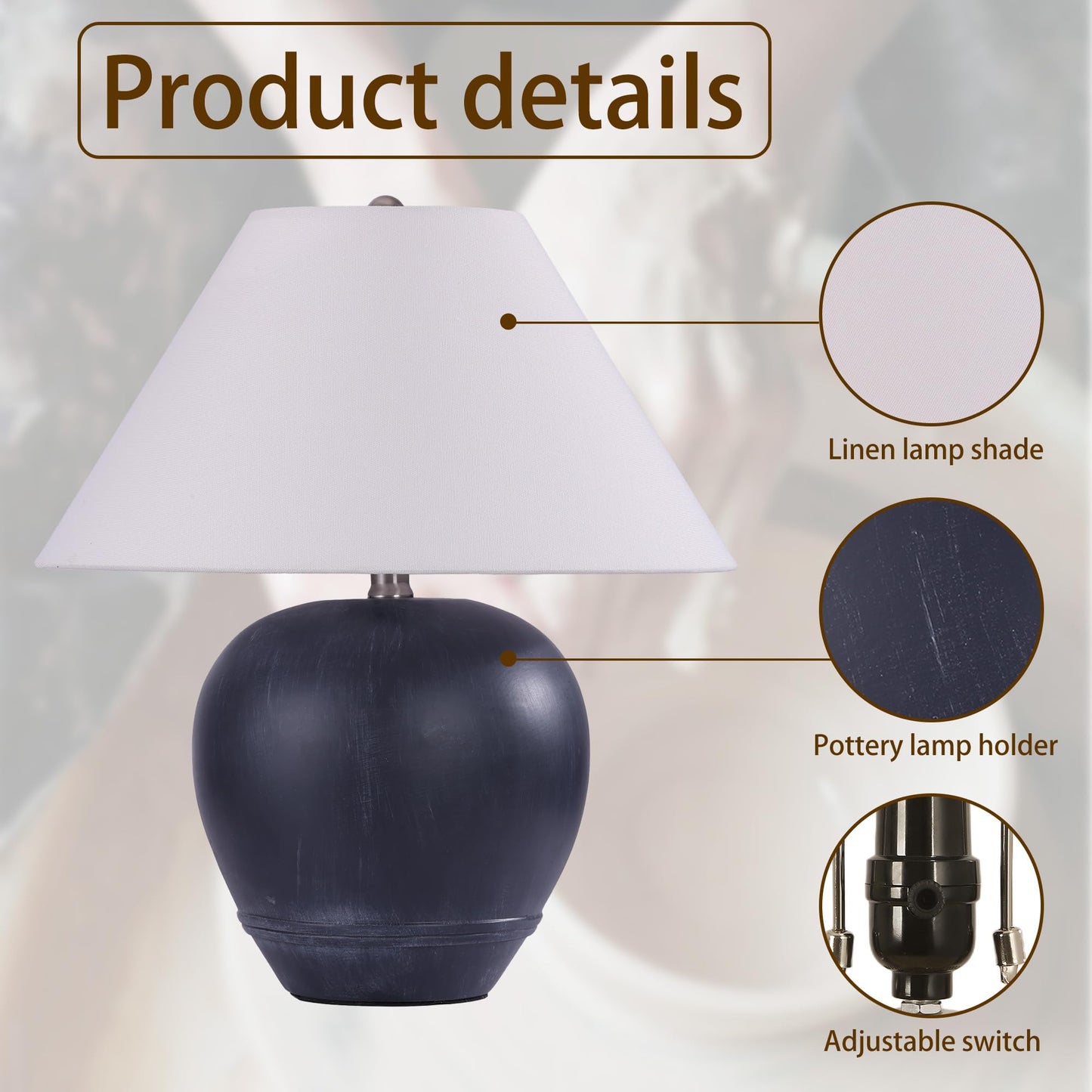 Farmhouse Ceramic Table Lamp, 21" Rustic Table Lamp with Linen Shade, 3-Way Dimmable Bedside Nightstand Lamps for Bedroom, Living Room, E26 Socket, Dark Grey