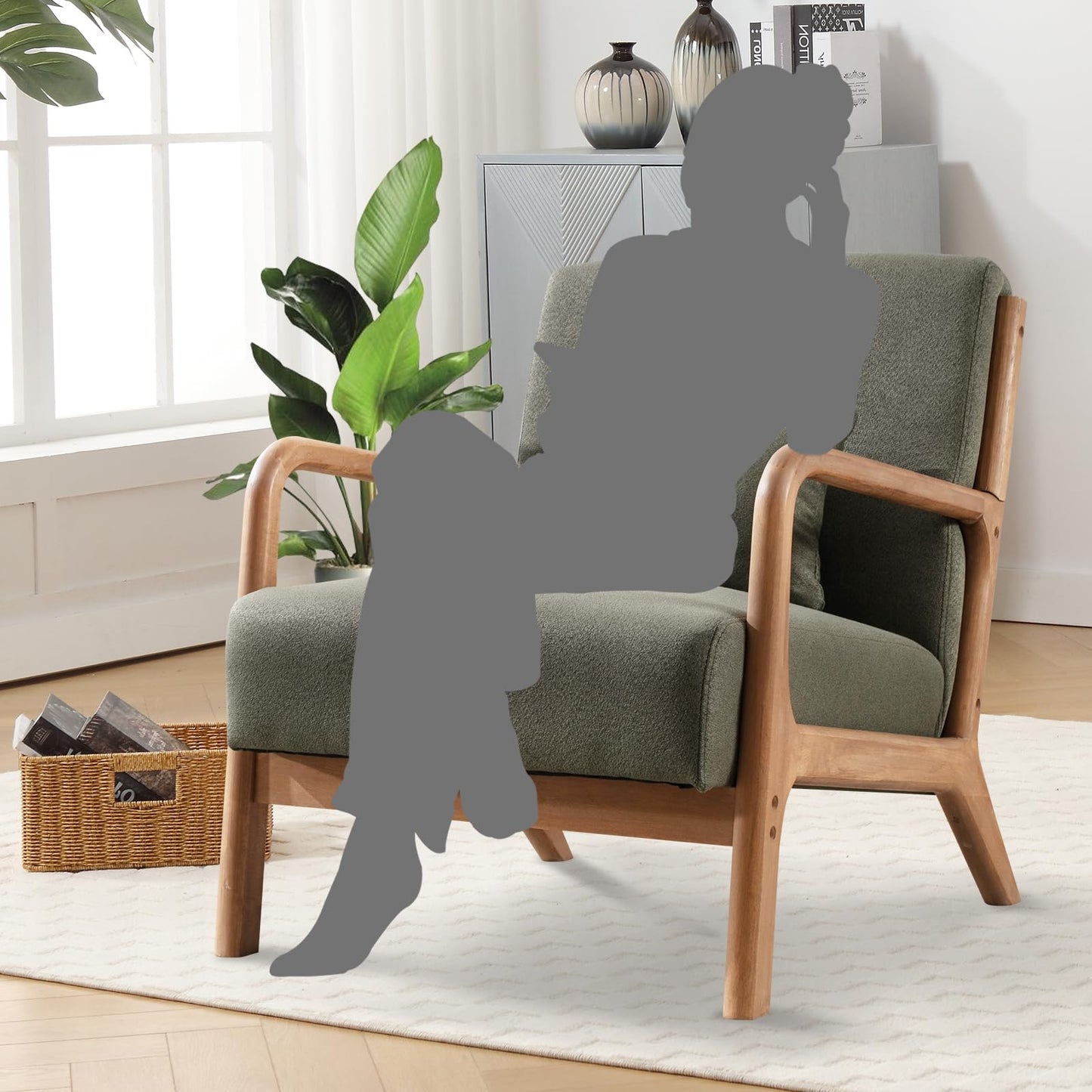 IOMOR Accent Chair Mid Century Modern Chair Linen Fabric Living Room Chairs with Solid Wood Frame Comfy Upholstered and Lumbar Pillow Reading Side Chair Easy Assembly for Bedroom Room (1, Linen Green)