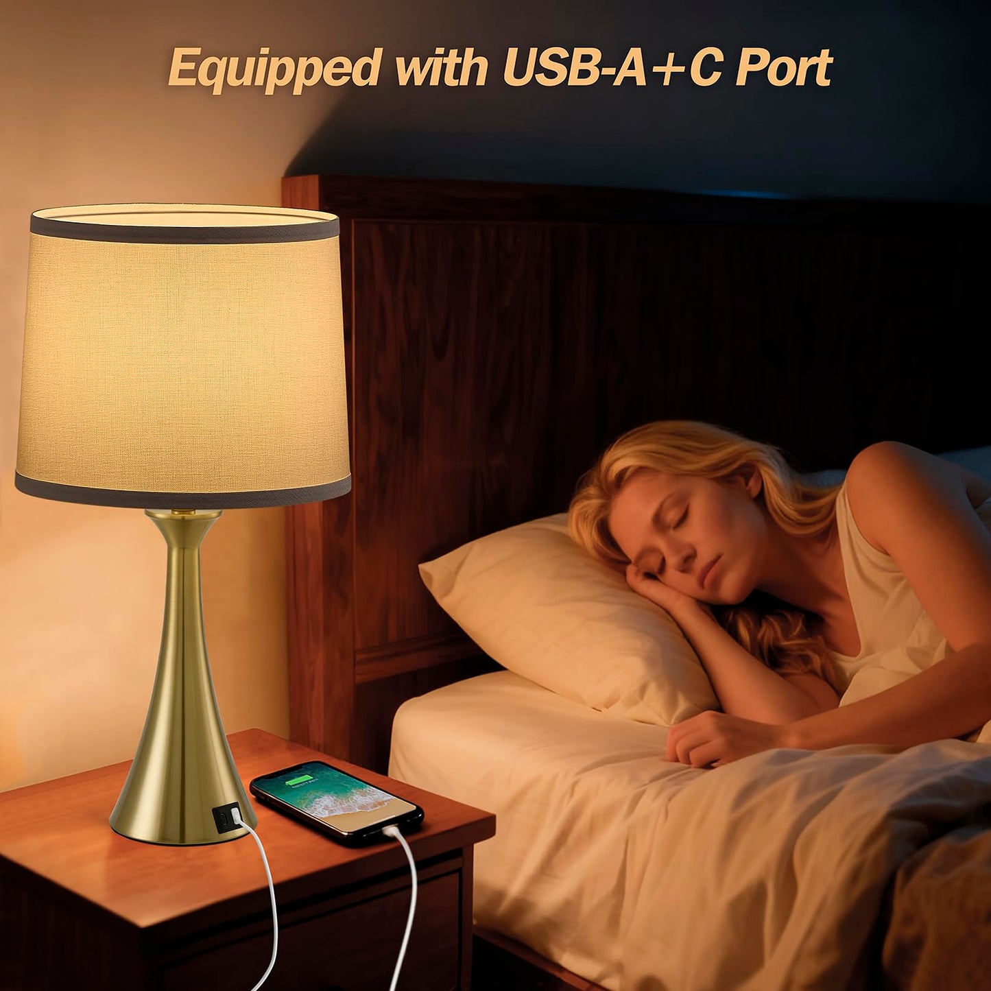 Touch Lamp for Living Room Bedroom, 21" Table Lamps Set of 2 with USB C+A Ports, Touch Bedside Lamps for Nightstand with 3 Way Dimmable, 2 LED Bulbs Included, Black