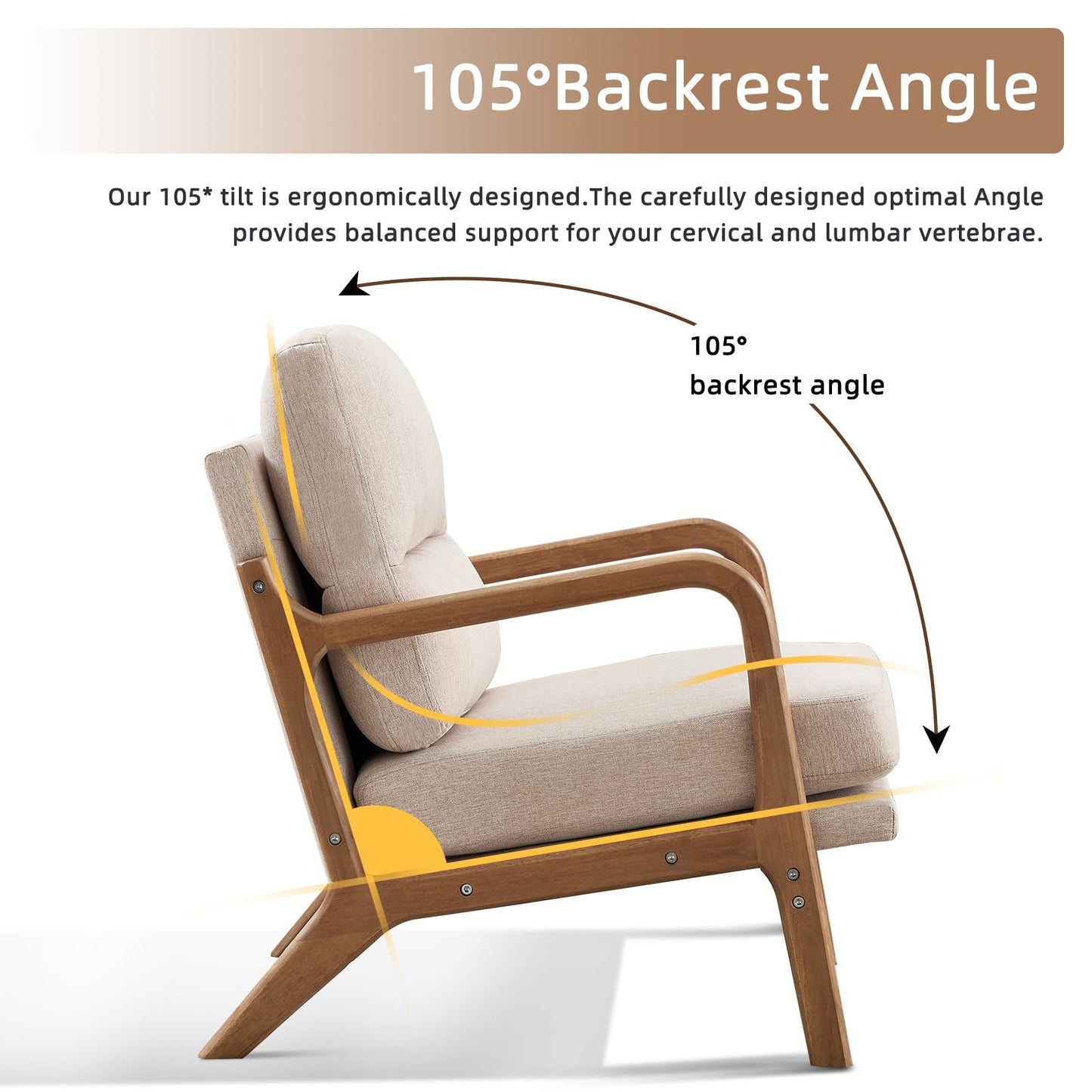 IOMOR Mid Century Modern Accent Chair with Solid Wood Frame Linen Fabric, Upholstered Living Room Chairs with Lumbar Cushion Padded Arms, Reading Armchair for Bedroom (1, Warm Beige)