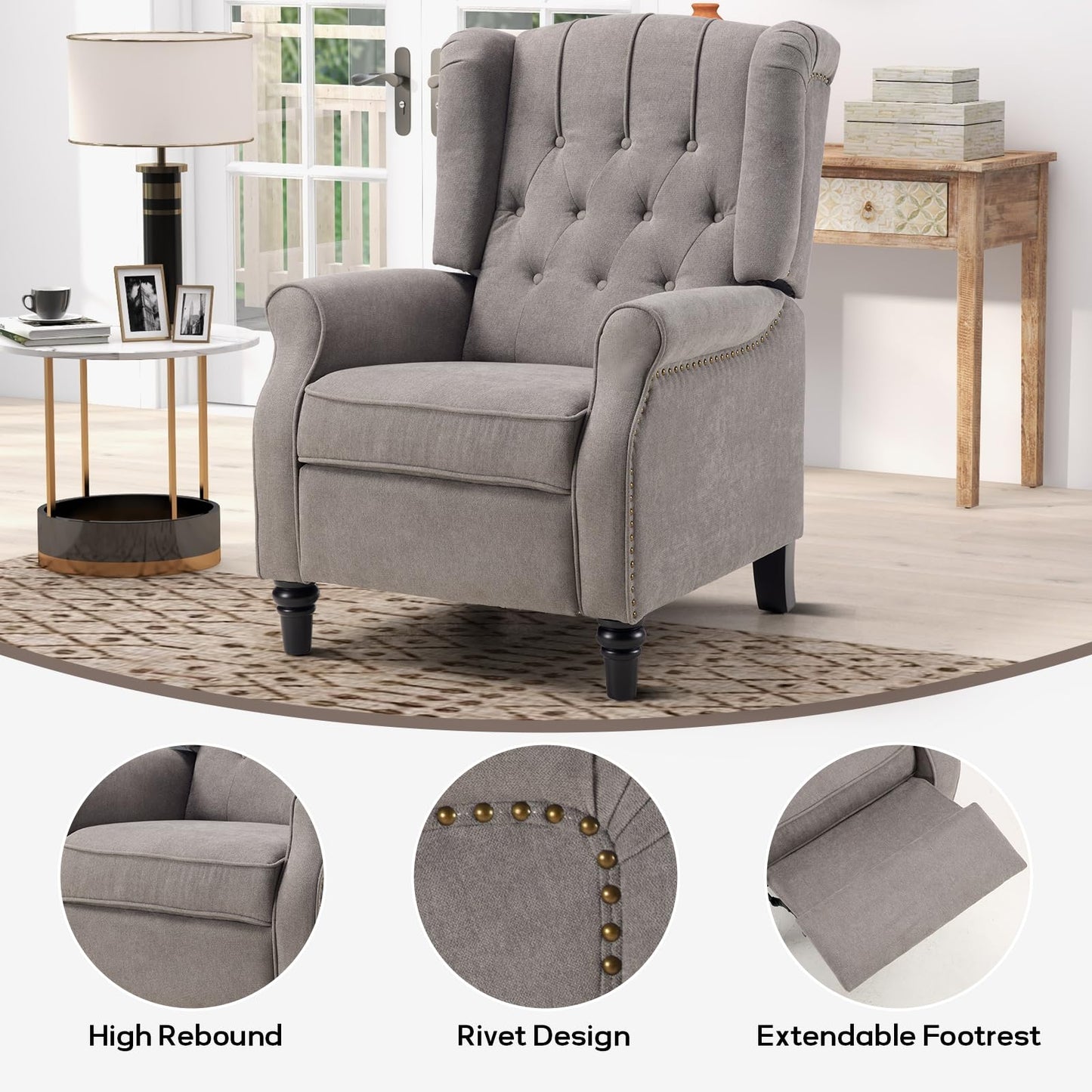 IOMOR Push Back Recliner Chair Fabric Lounge Armchair Pushback Recliner with Rivet Decoration Wingback Single Sofa Chair with Padded Seat for Living Room, Bedroom (1, Navy)