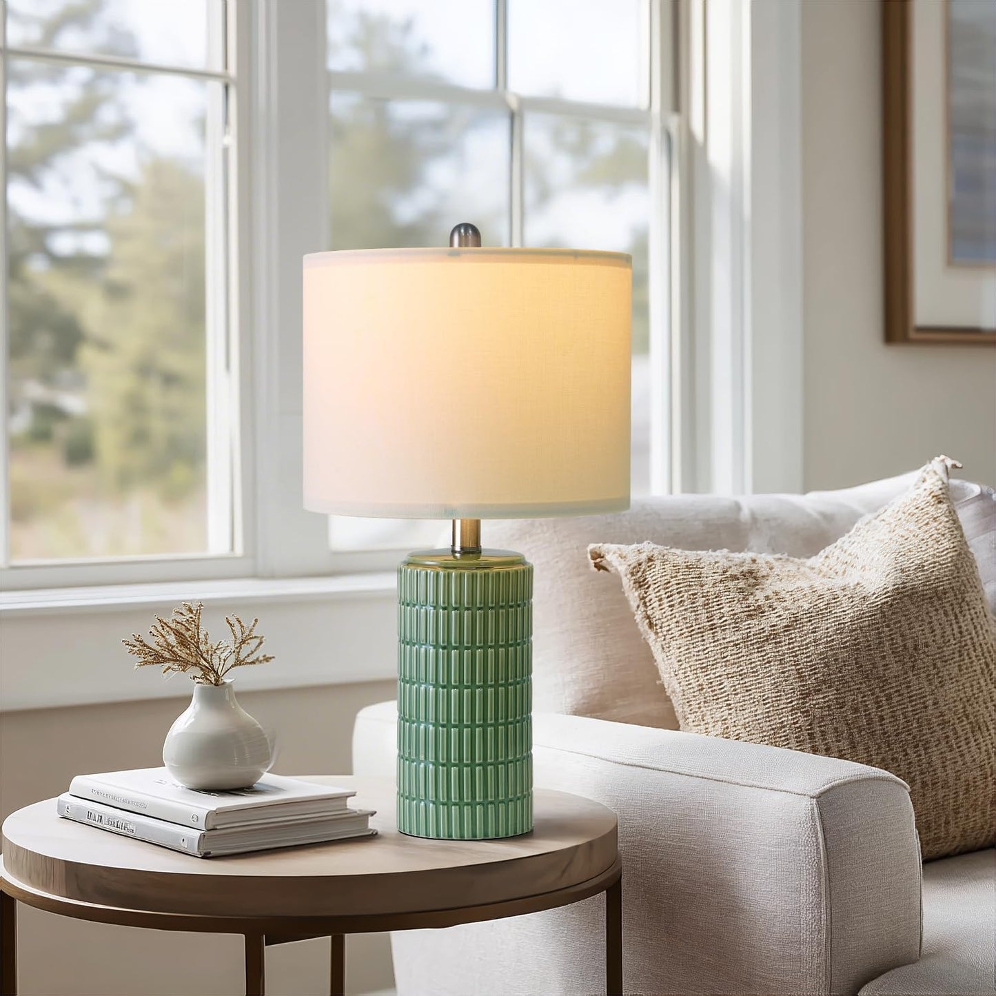 PoKat 20.75" Small Modern Ceramic Table Lamps Set of 2 for Bedroom, White Bedside Lamps for Night Stands, Farmhouse Desk Decor Gift Nightstand Table Lamps for Living Room End Table Beige