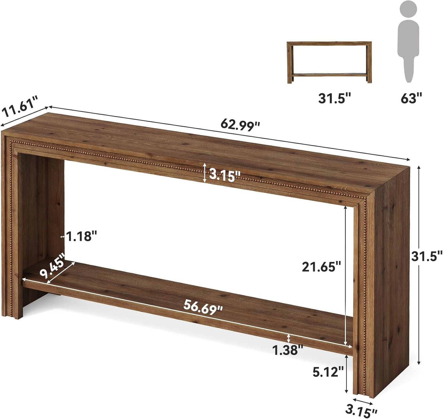 63" Solid Wood Console Table, Farmhouse Narrow Long Entryway Table with 2-Tier Storage Shelf for Living Room, Hallway, Entryway, Easy Assembly, Brown