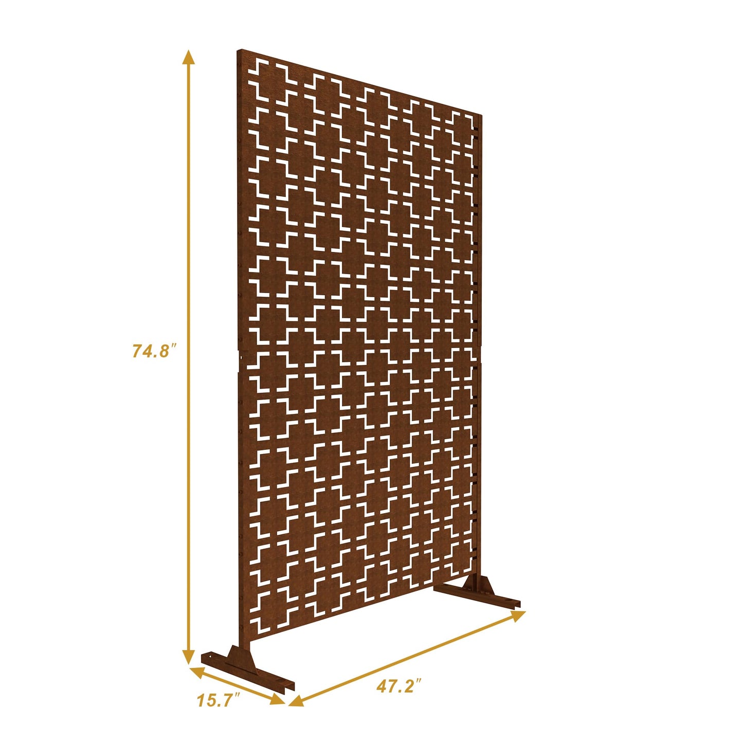 Outdoor Metal Privacy Screen with Stand, 72" H x 47" W Freestanding Outdoor Patio Divider, Decorative Patio Privacy Fence Panel for Garden Backyard Balcony Porch (Brown-Crossbanding)