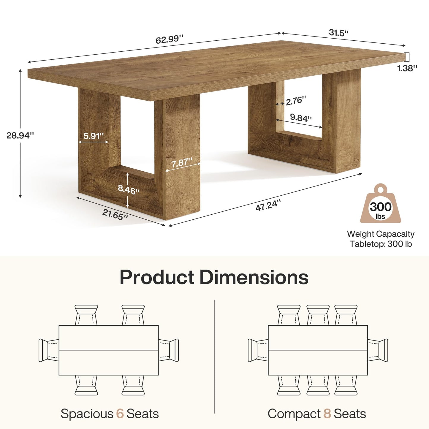 Tribesigns Farmhouse Dining Table, 63-Inch Rectangular Kitchen Table with Strong Geometric Frame for Kitchen & Dining & Living Room, Brown