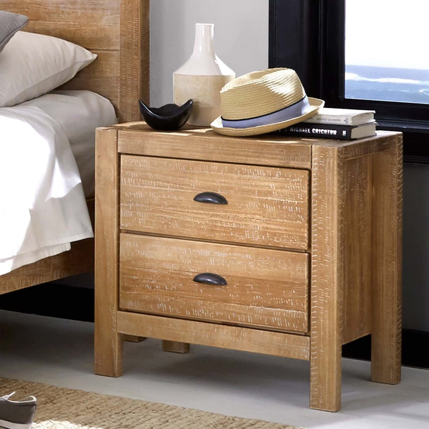 Grain Wood Furniture Montauk 2-Drawer Bedside Nightstand, Solid Wood with Rustic Walnut Finish