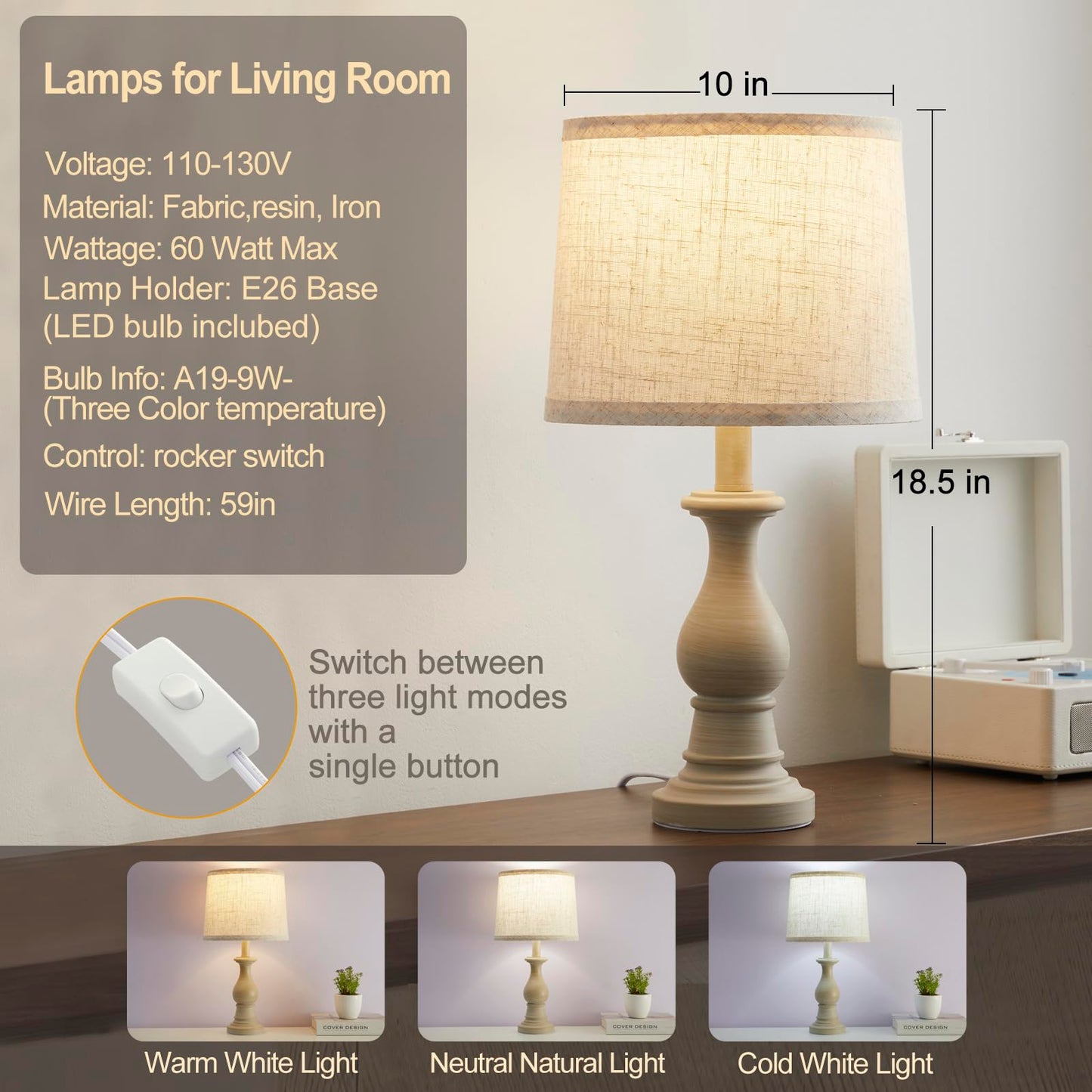 Vintage Table Lamp for Living Room Bedroom, 18.5" Farmhouse Bedside Lamps Nightstand Lamp Set of 2, Table Lamps with Oatmeal Linen Lamp Shades, 2 LED Bulbs Included