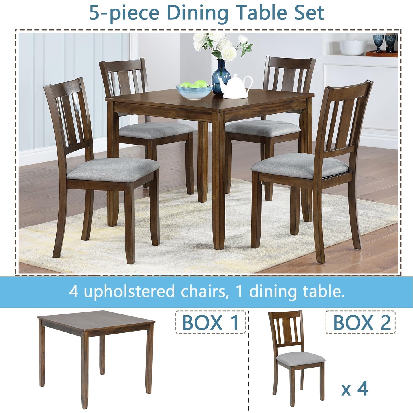 LKTART 5-Piece Kitchen & Dining Room Table and Chairs Sets,Small Square Kitchen Table with 4 Upholstered XX-Shaped Backrest Chairs,Walnut