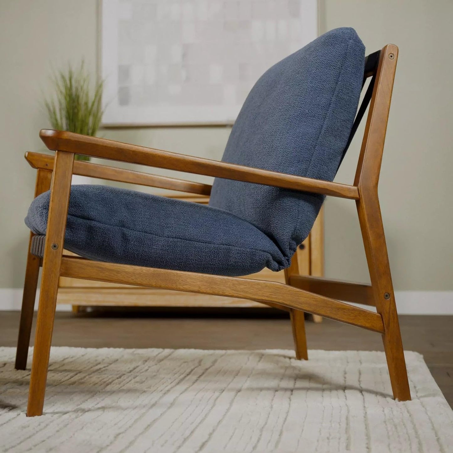 Grain Wood Furniture Solid Wood Mid Century Lounge Chair with Stone Gray Cushions