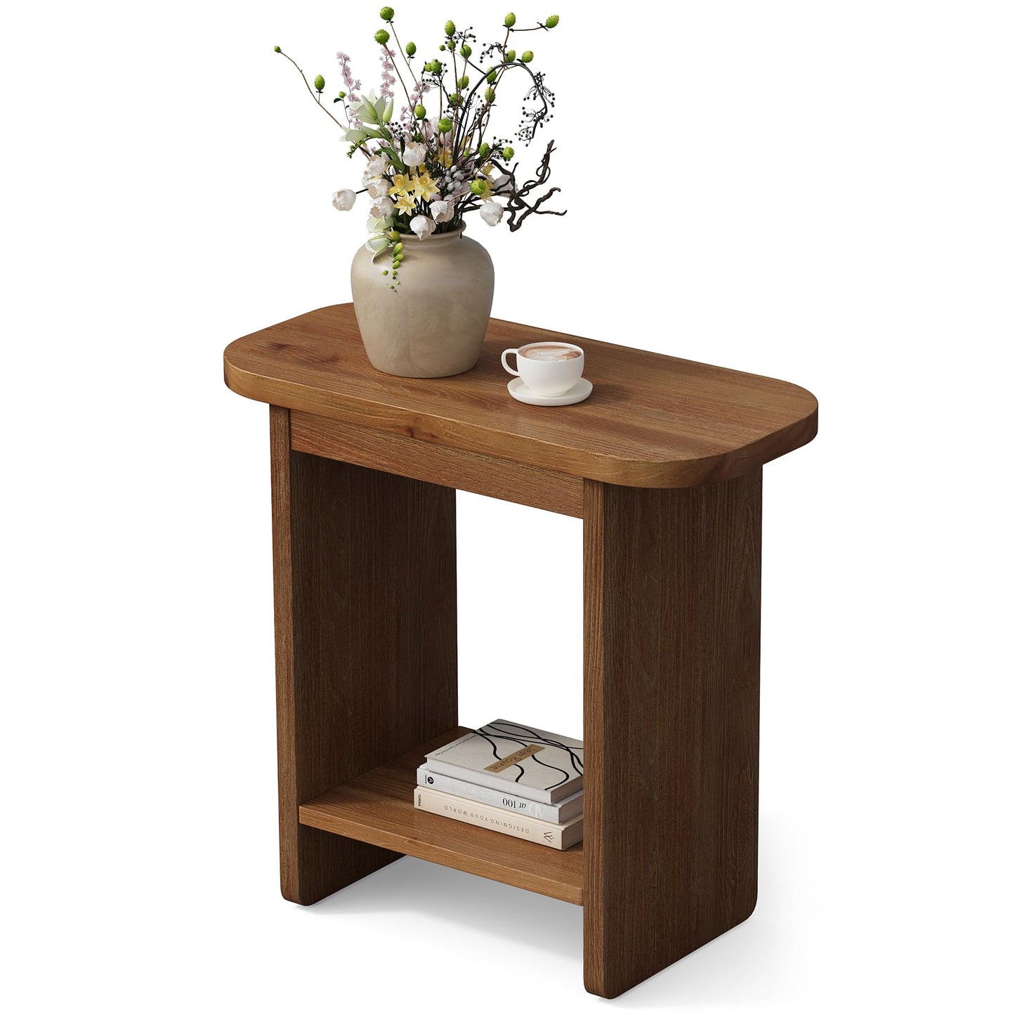 Genuine Solid Wood Side Table Set of 2, H-Shaped 2-Tier End Table with Storage Shelf, Farmhouse Narrow Nightstand for Living Room, Bedroom, Couch & Armchair (2 Products)