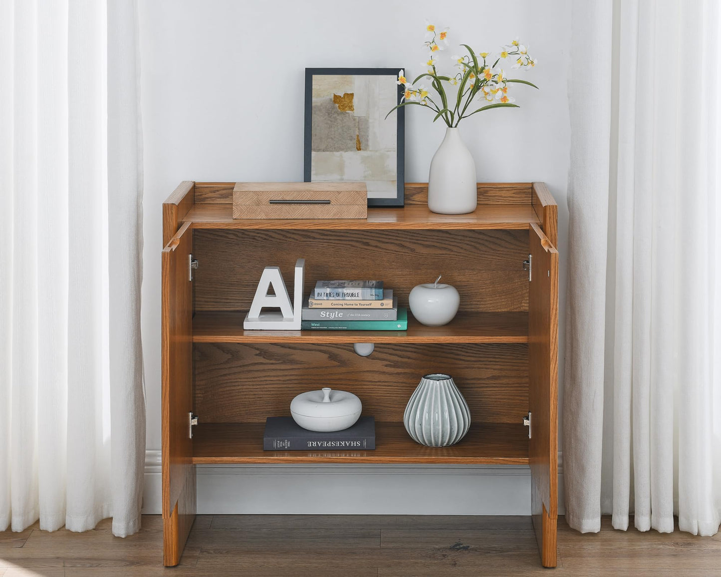 LKTART Mid Century Modern Sideboard Buffet Cabinet, Narrow Walnut Sideboard,Wood Storage Cabinet Credenza with 2 Doors for Living Room, Kitchen, Entryway, Hallway(9.25" D*39" L)