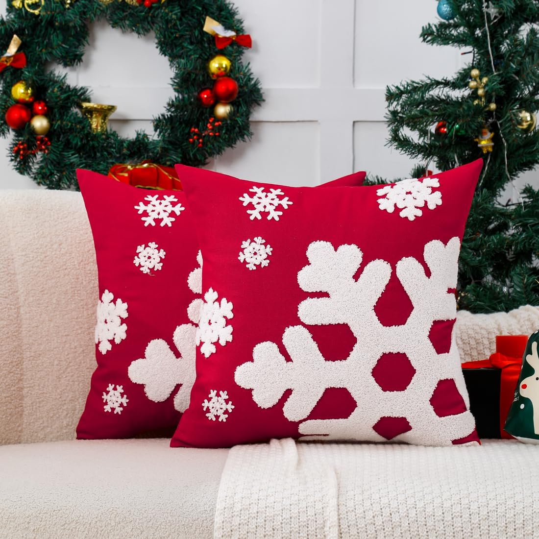 VAKADO Christmas Throw Pillow Covers 18x18 Set of 2 Embroidered Snowflake Decorative Xmas Cushion Cases Holiday Soft Home Decor for Bedroom Sofa Chair Porch Winter, Blue