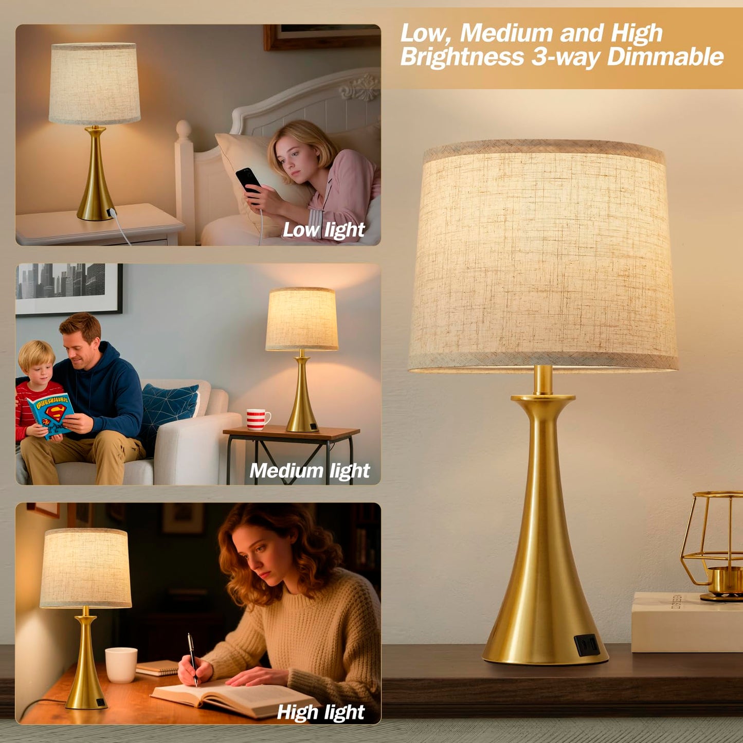 Touch Lamp for Living Room Bedroom, 21" Table Lamps Set of 2 with USB C+A Ports, Touch Bedside Lamps for Nightstand with 3 Way Dimmable, 2 LED Bulbs Included, Black