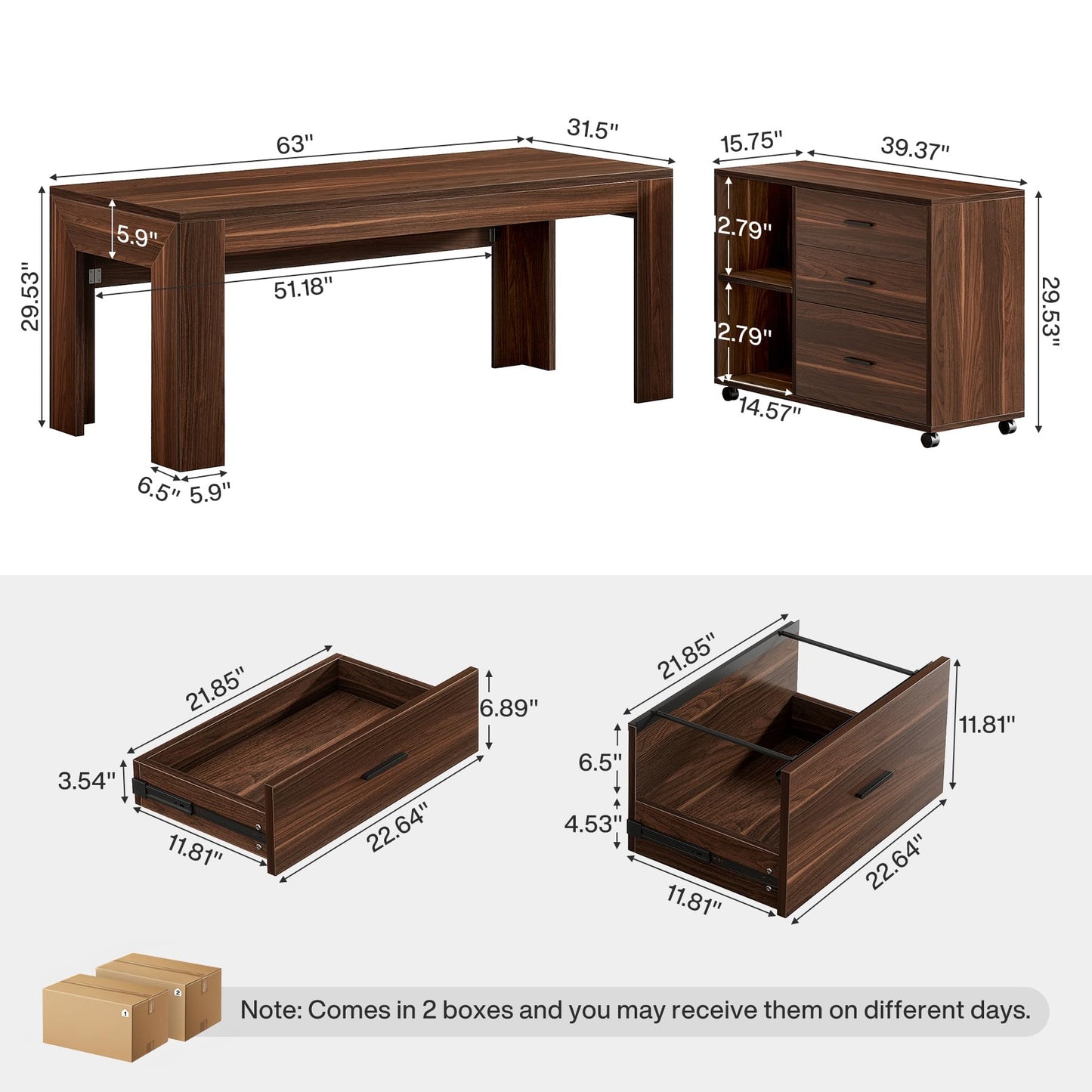 Tribesigns 63" L Shaped Desk with Storage, Executive Office Desk with Rolling File Cabinet Combo, Large Computer Table with Drawers and Shelves, Business Furniture Set for Home Office, Brown
