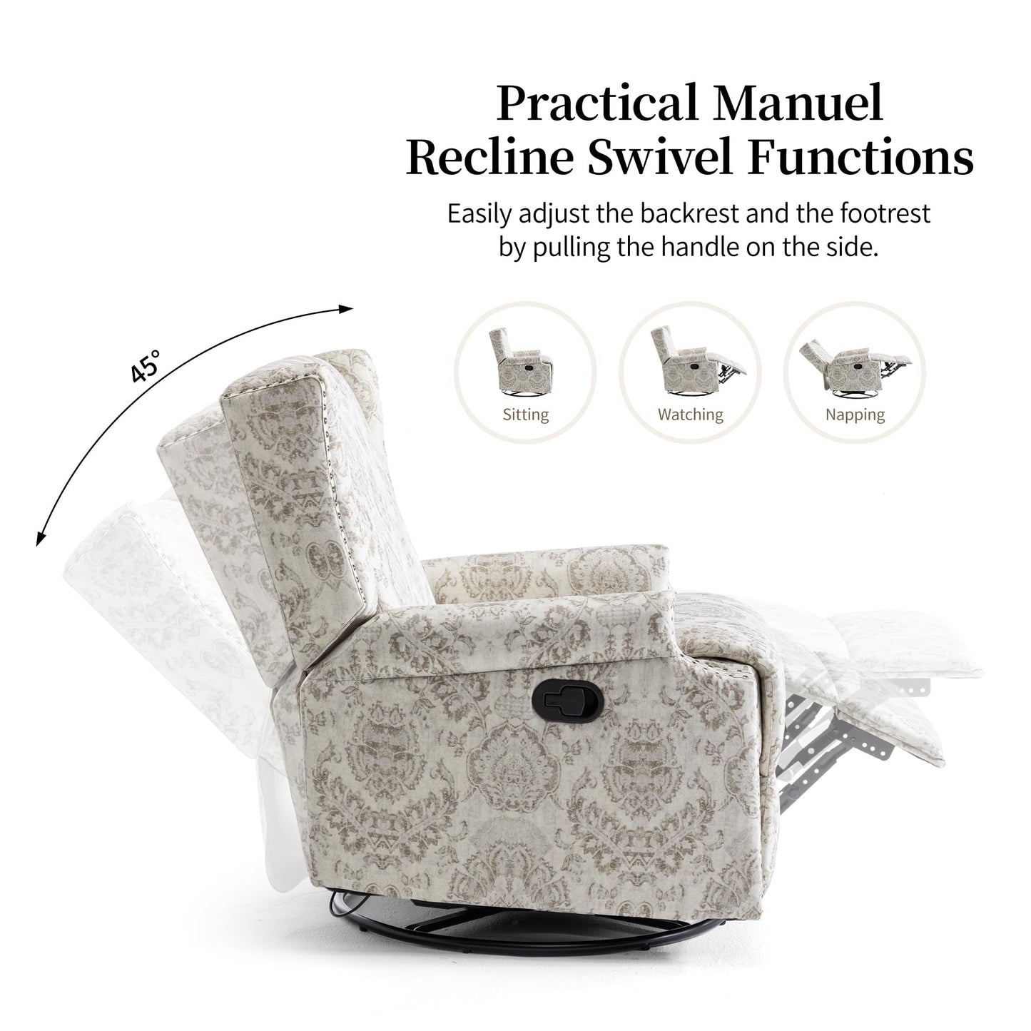 Swivel Rocker Recliner Chair, 360° Swivel Wingback Recliner Chairs for Adults, Upholstered Printed Fabric Glider Rocking Chair with High Back, Deep Seat for Living Romm Bedroom, Bird