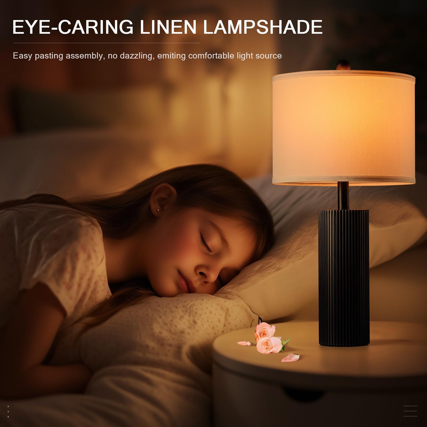 24.5" Black Lamps Set of 2, Modern Table Lamps for Living Room with USB C+A Ports, Creative Stripe Touch Lamps for Nightstand, 2 Bulbs Included