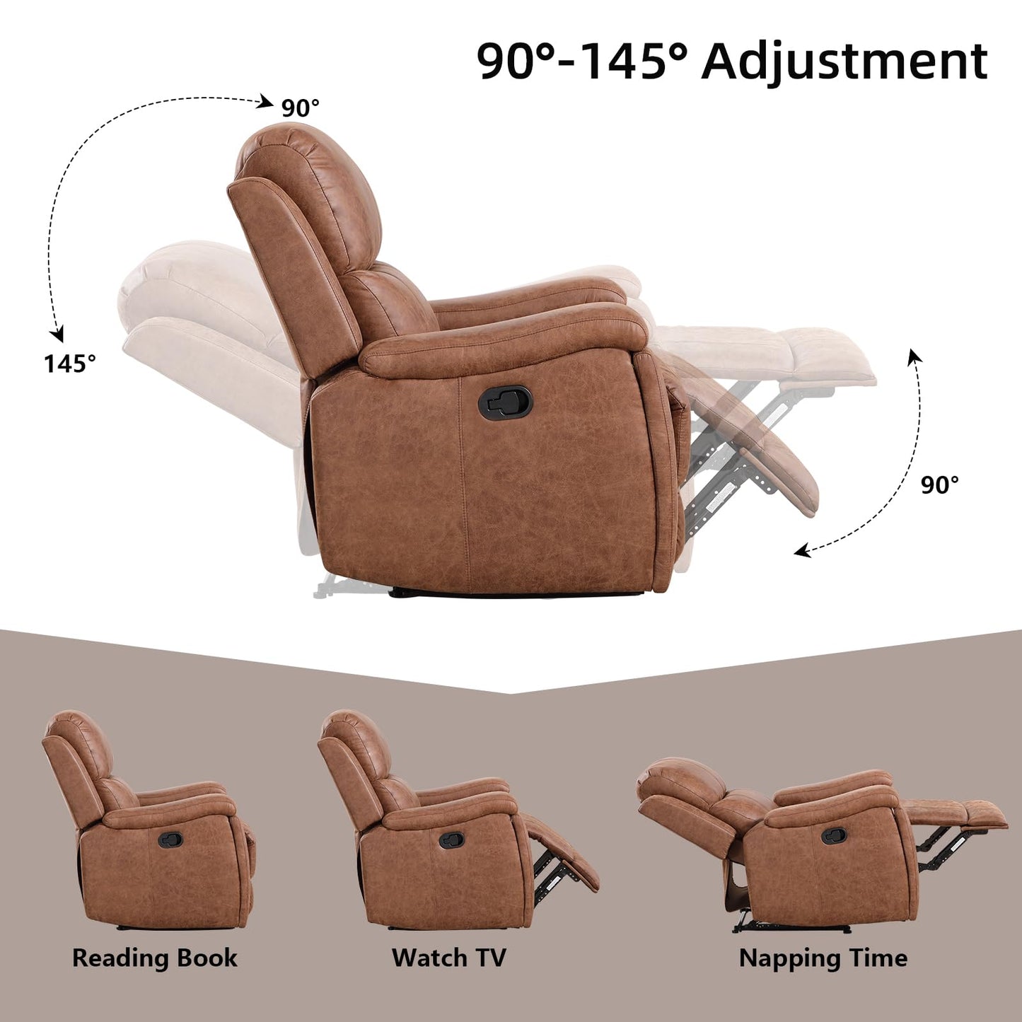 IOMOR Leather Recliner Chair, Manual Recliner Chair for Adults with Overstuffed Arms and Back, Single Sofa Recliner with Cup Holders for Living Room (1, Brown)
